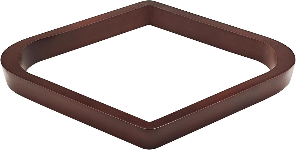 Angled view of the empty brown wooden triangle rack showing rounded inner edges and smooth finish.