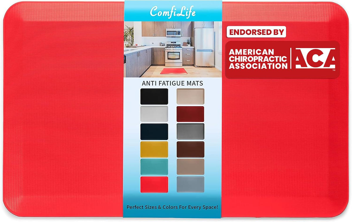 Bright red rectangular anti-fatigue mat shown flat with a printed band of color options and endorsement badge