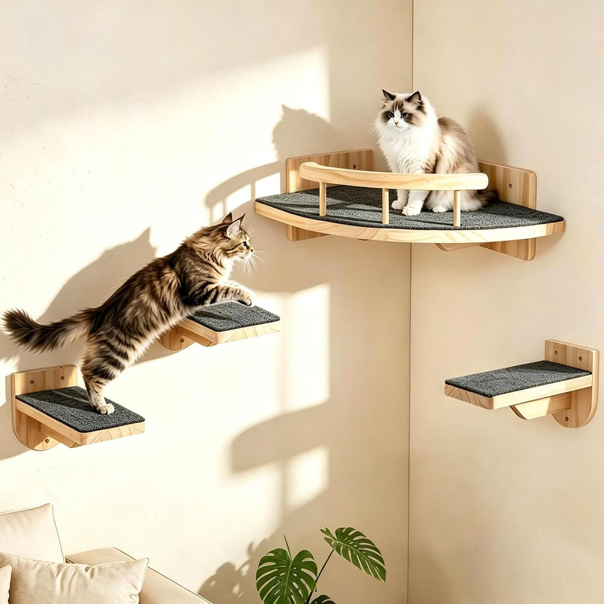 Corner bed platform with protective front guard in natural wood finish and a cat sitting on top