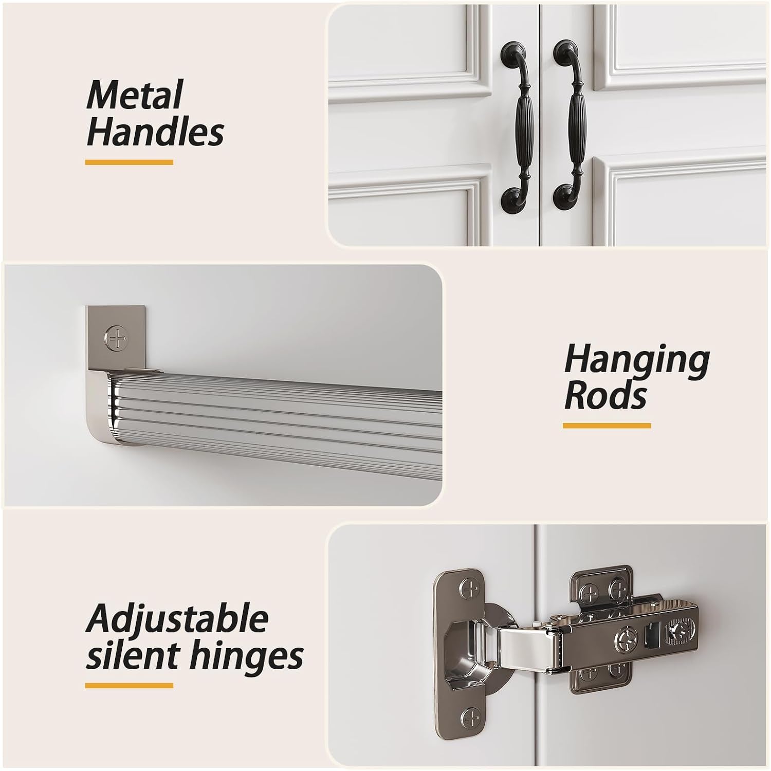 Detail collage showing black metal handles, metal hanging rod and adjustable silent hinge close-ups