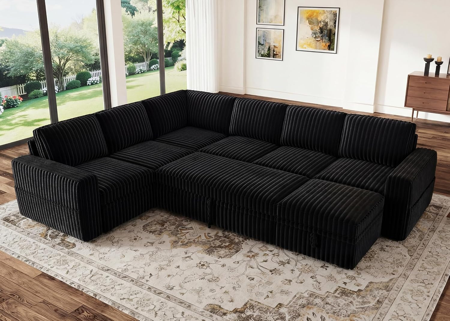 Modular Sectional Sleeper Sofa with Pull Out Bed,Corduroy U Shaped Couch with Storage, Sectional Couches for Living Room,Black