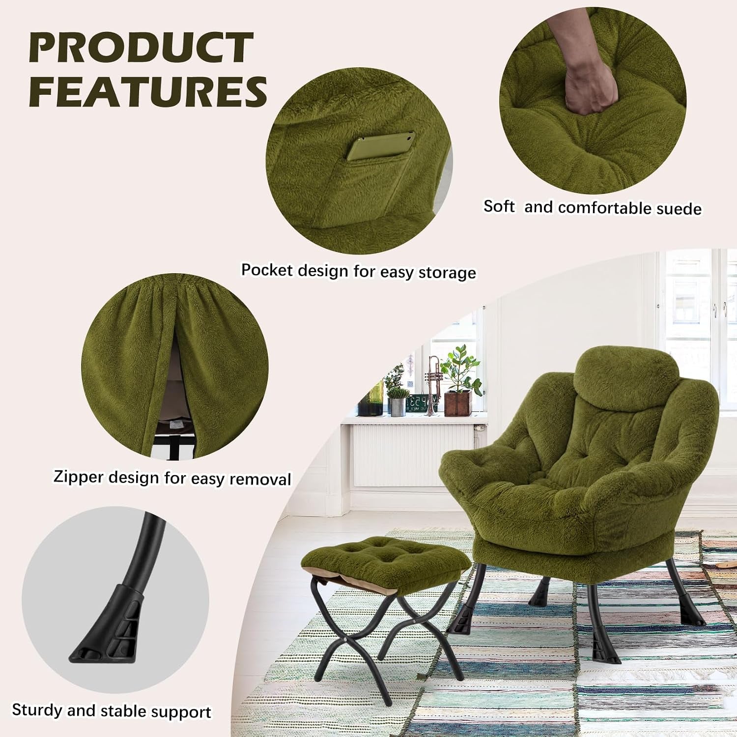 Olive-green plush folding armchair with matching ottoman in a bright room; four circular close-ups show pocket, hand