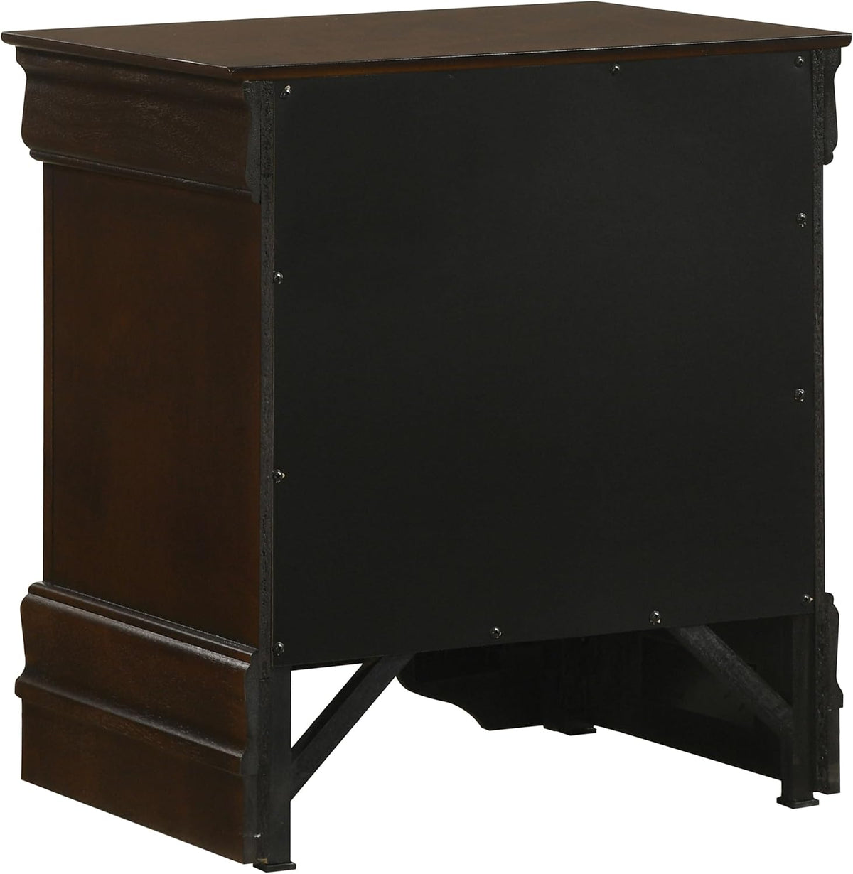 Rear view of nightstand showing black back panel and internal metal support frame