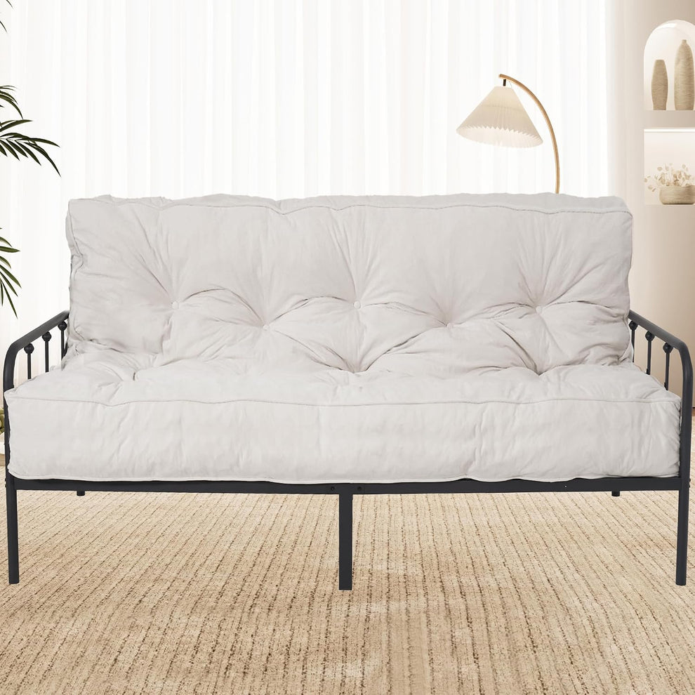 Full-size white futon mattress displayed on a metal futon frame, front-facing view