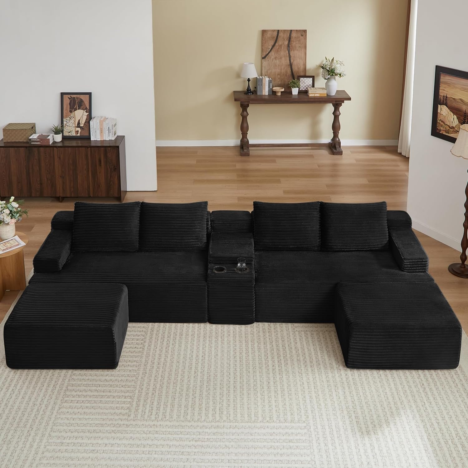 141" Oversized U Shaped Cloud Sectional Couches with Storage Console for Living Room, Corduroy Compressed Boneless Couch, Symmetrical Sofa & Couch with Movable Ottomans, Cup Holder