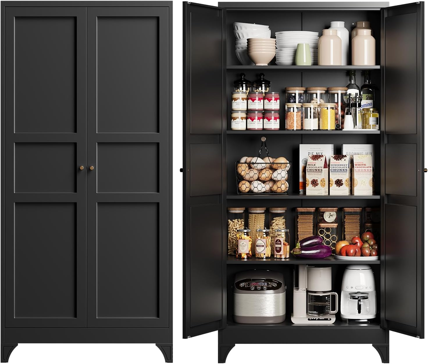 Matte black tall cabinet shown closed at left and open at right revealing shelves stocked with bowls, jars, and appliances.