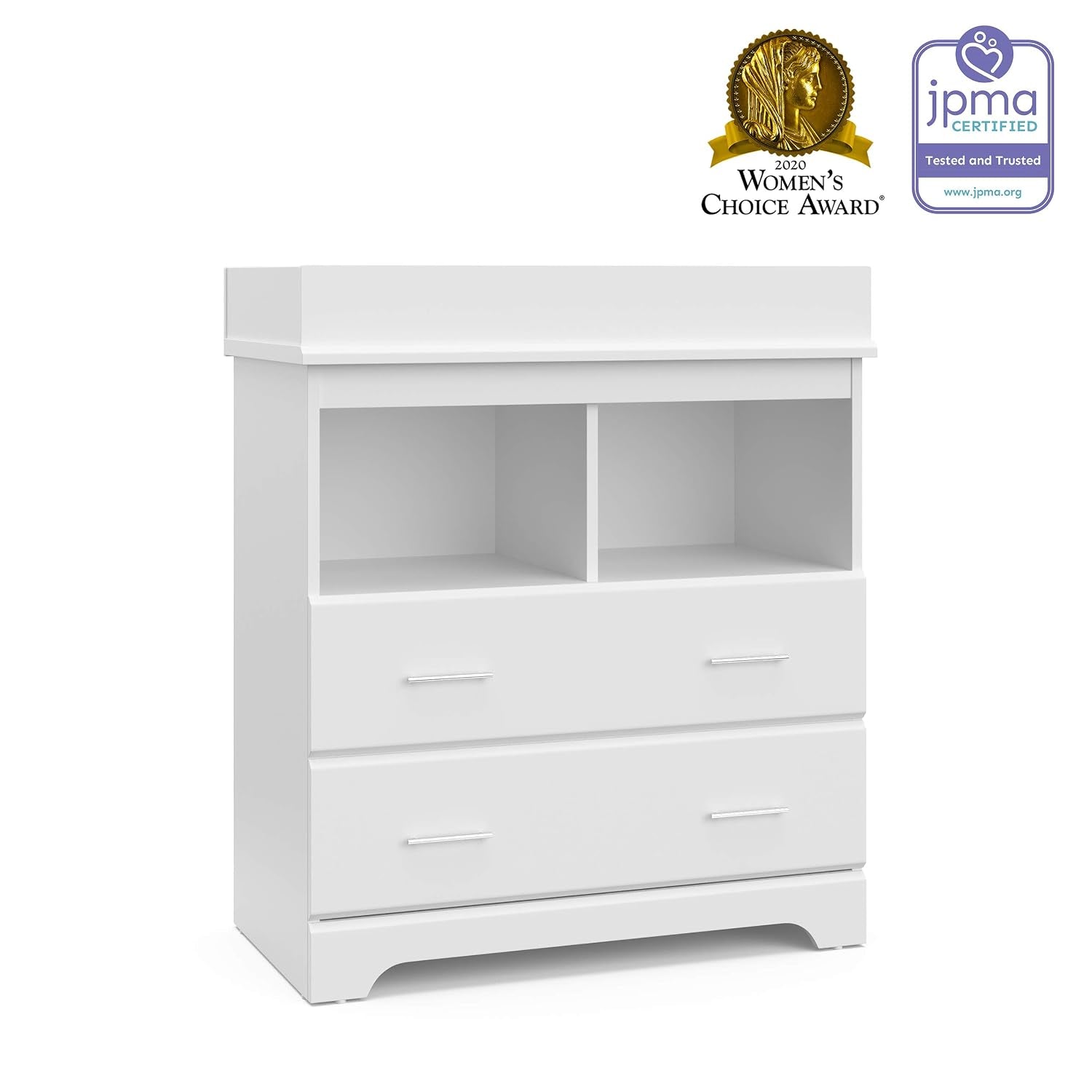 Front view of white changing chest showing two open cubbies and two drawers with certification and award badges