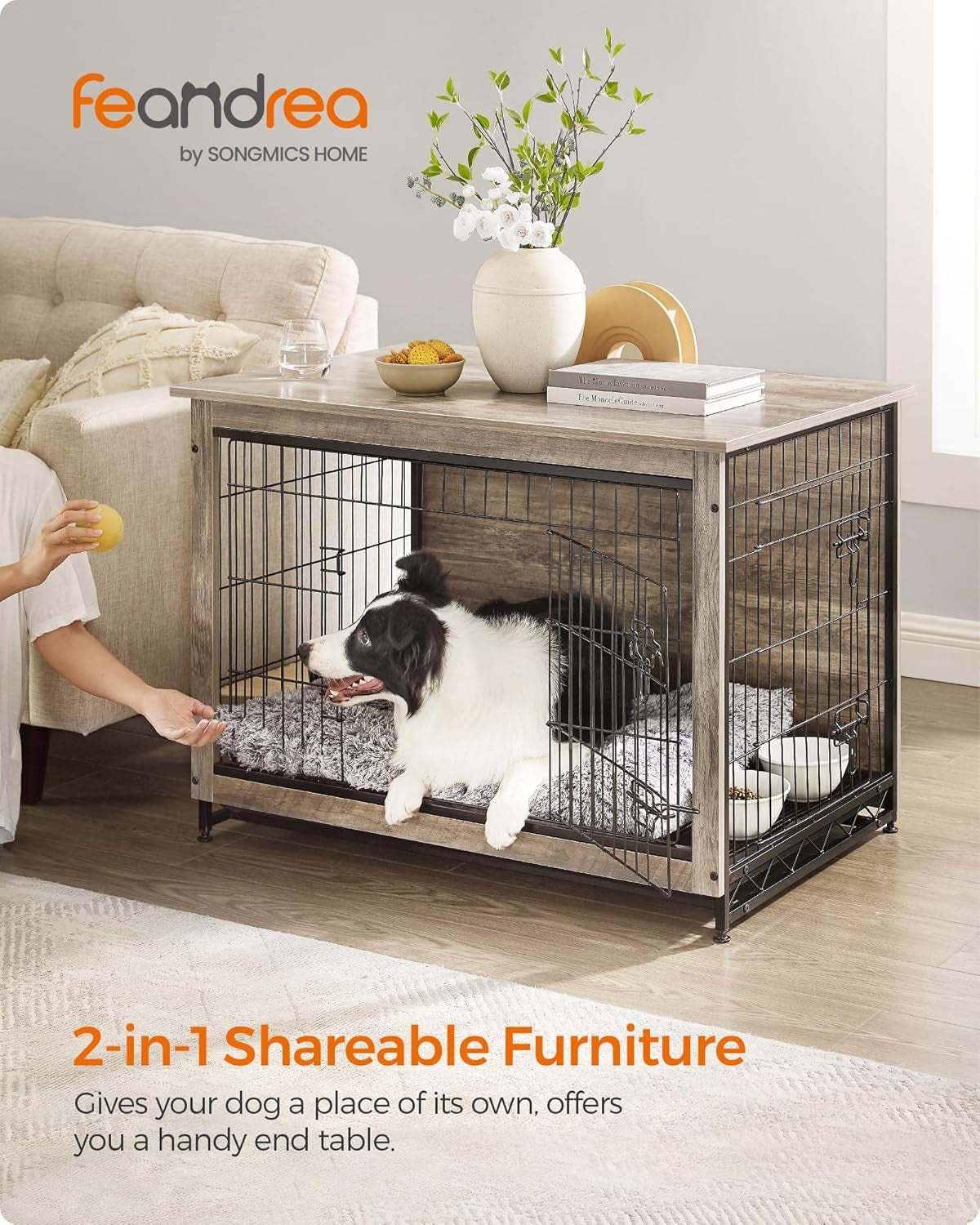 Furniture-style dog crate used as an end table in a living room scene with decorative vase on top and dog resting inside