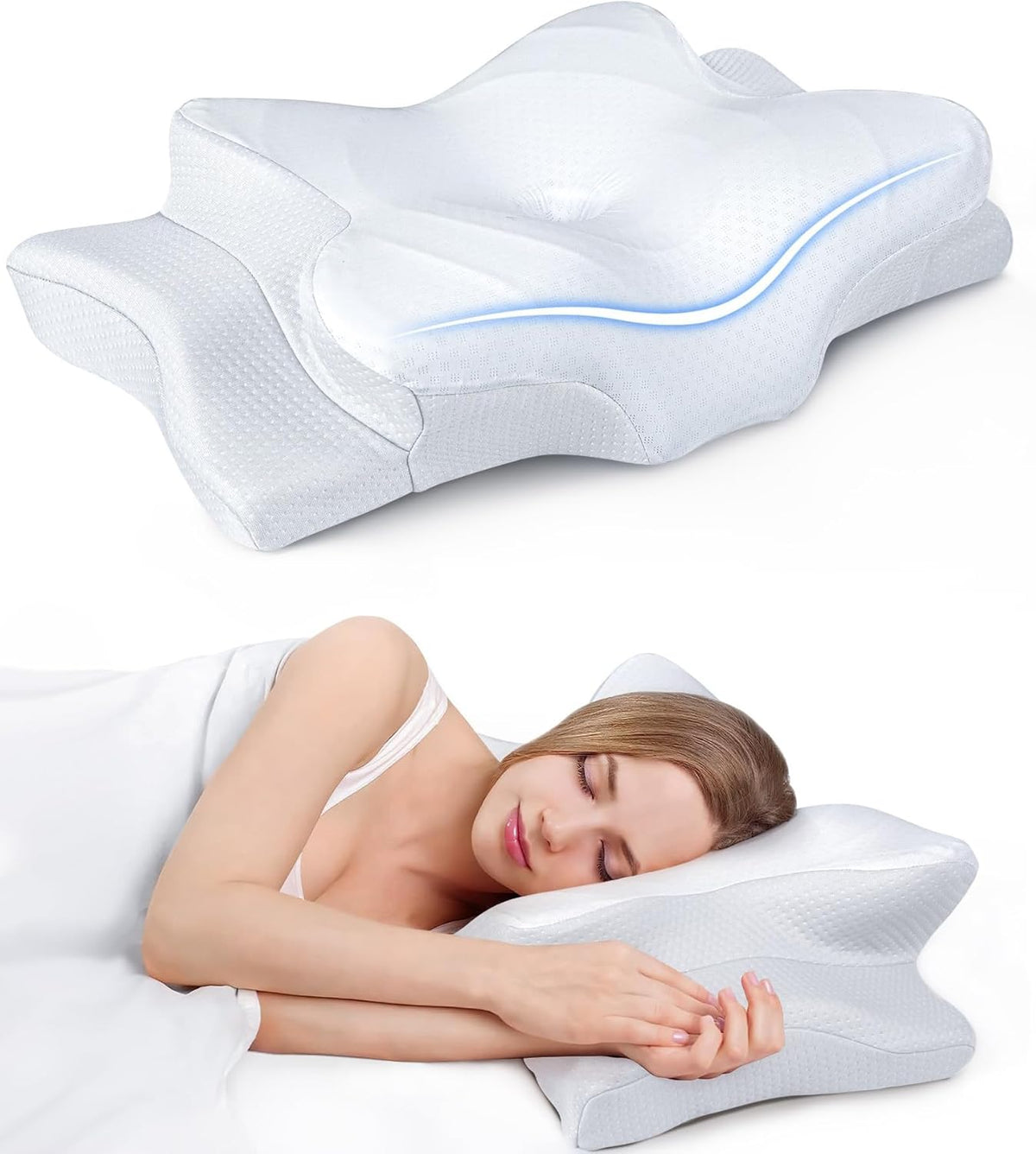 White contoured memory foam neck pillow with a woman lying on her side using the pillow