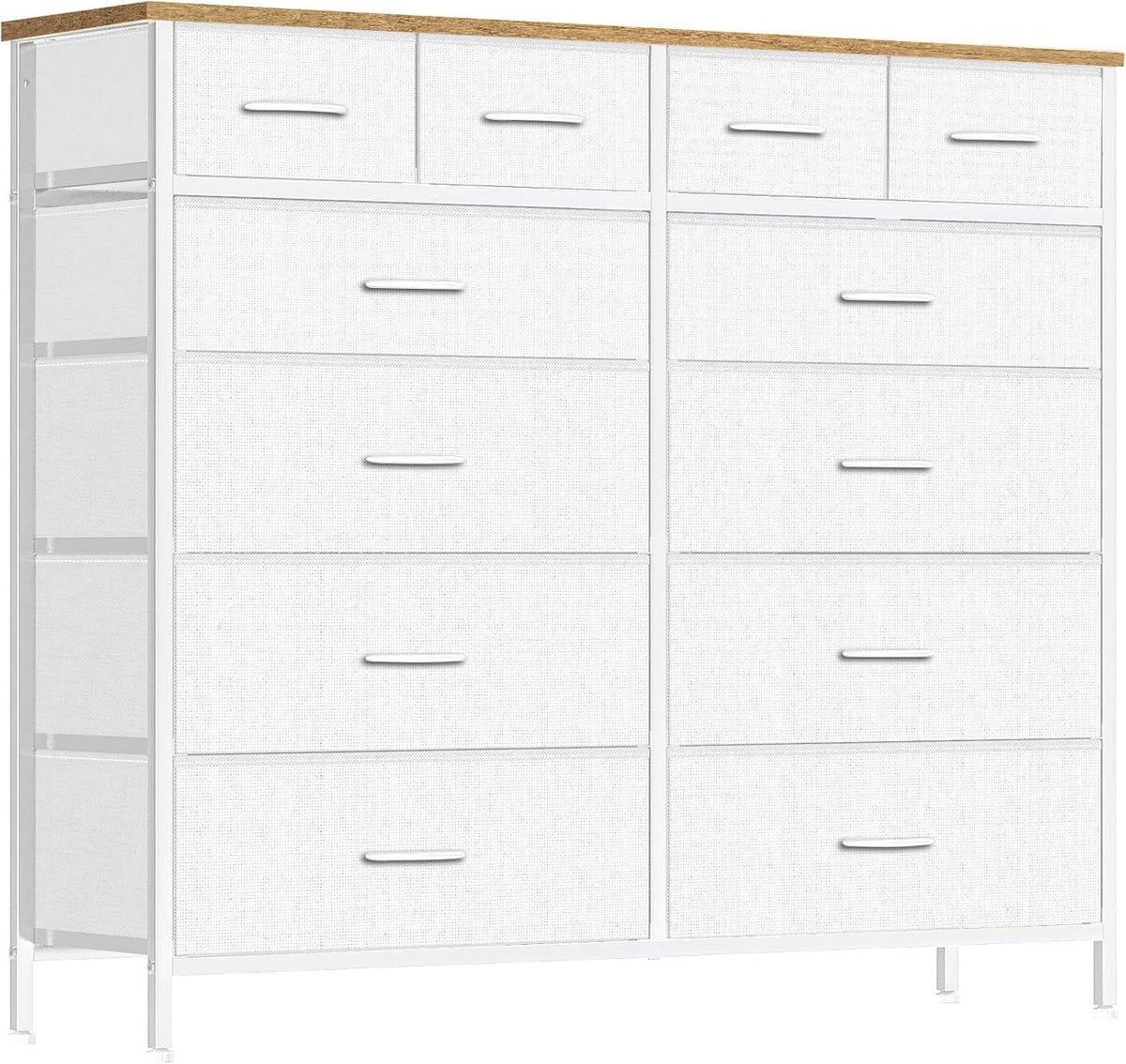 Front-facing studio view of the white tall dresser showing all drawer fronts and wood top.