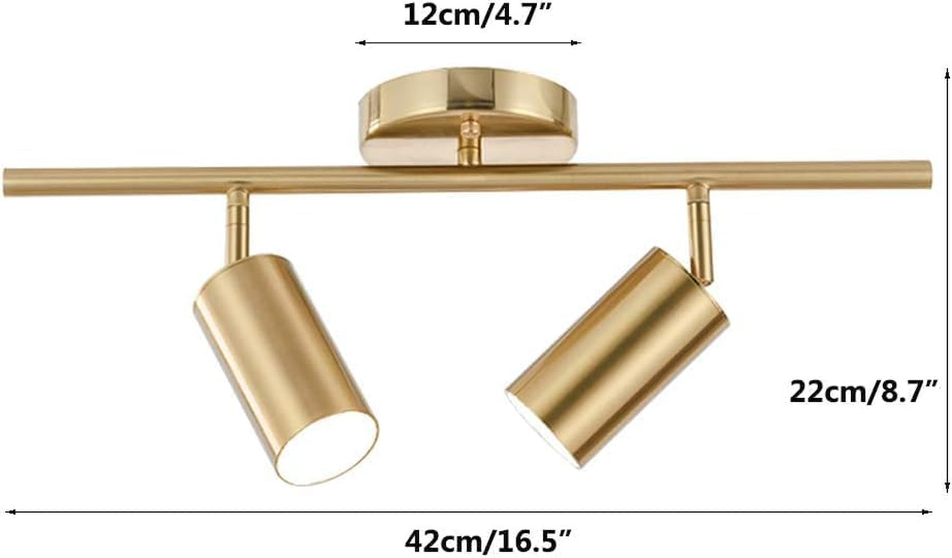 Gold track light with measurements overlay showing 16.5" length and 8.7" overall height from front view