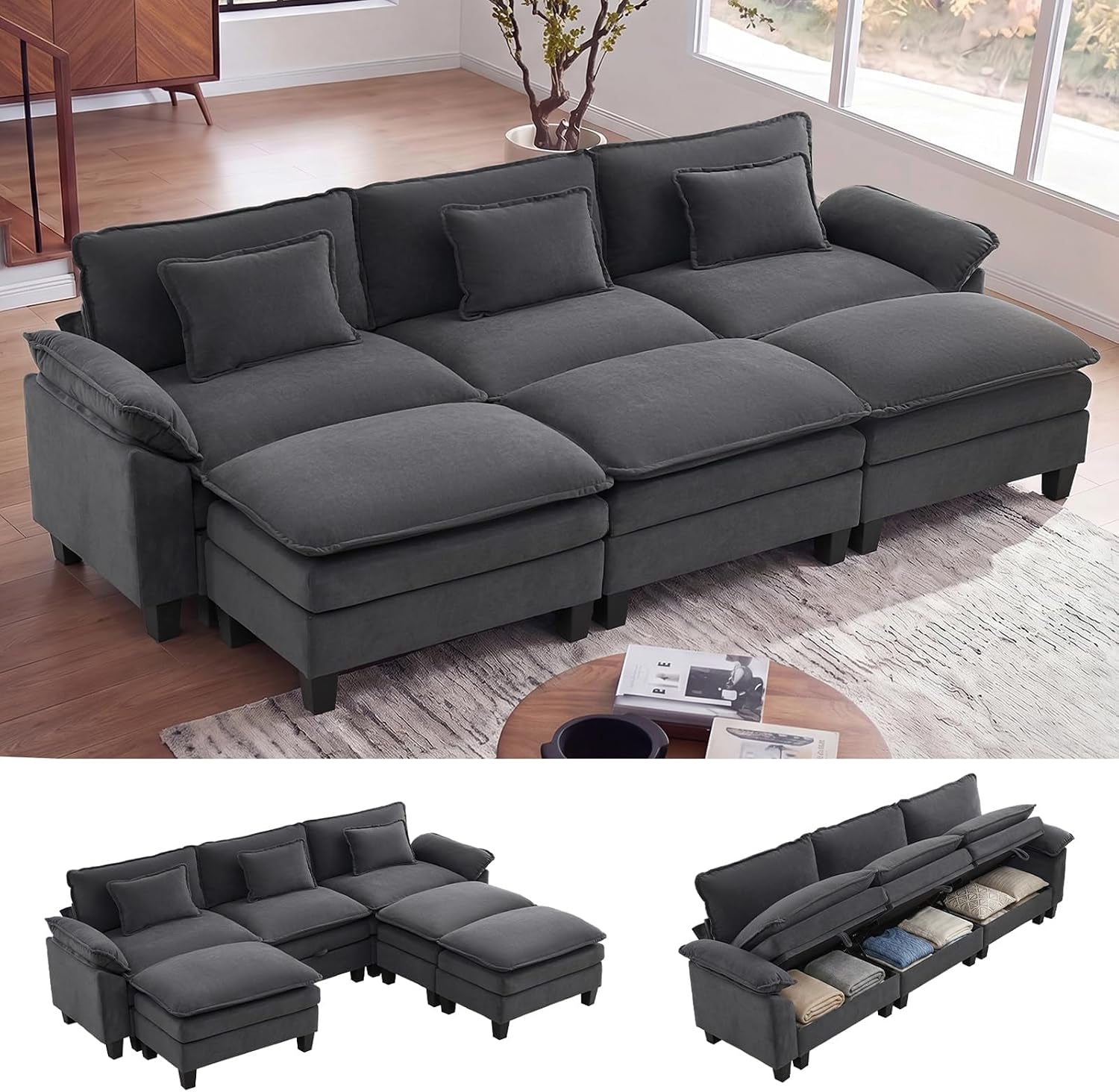Dark gray modular sofa arranged flat as a sleeper in a bright room, thumbnails show ottoman and under-seat storage