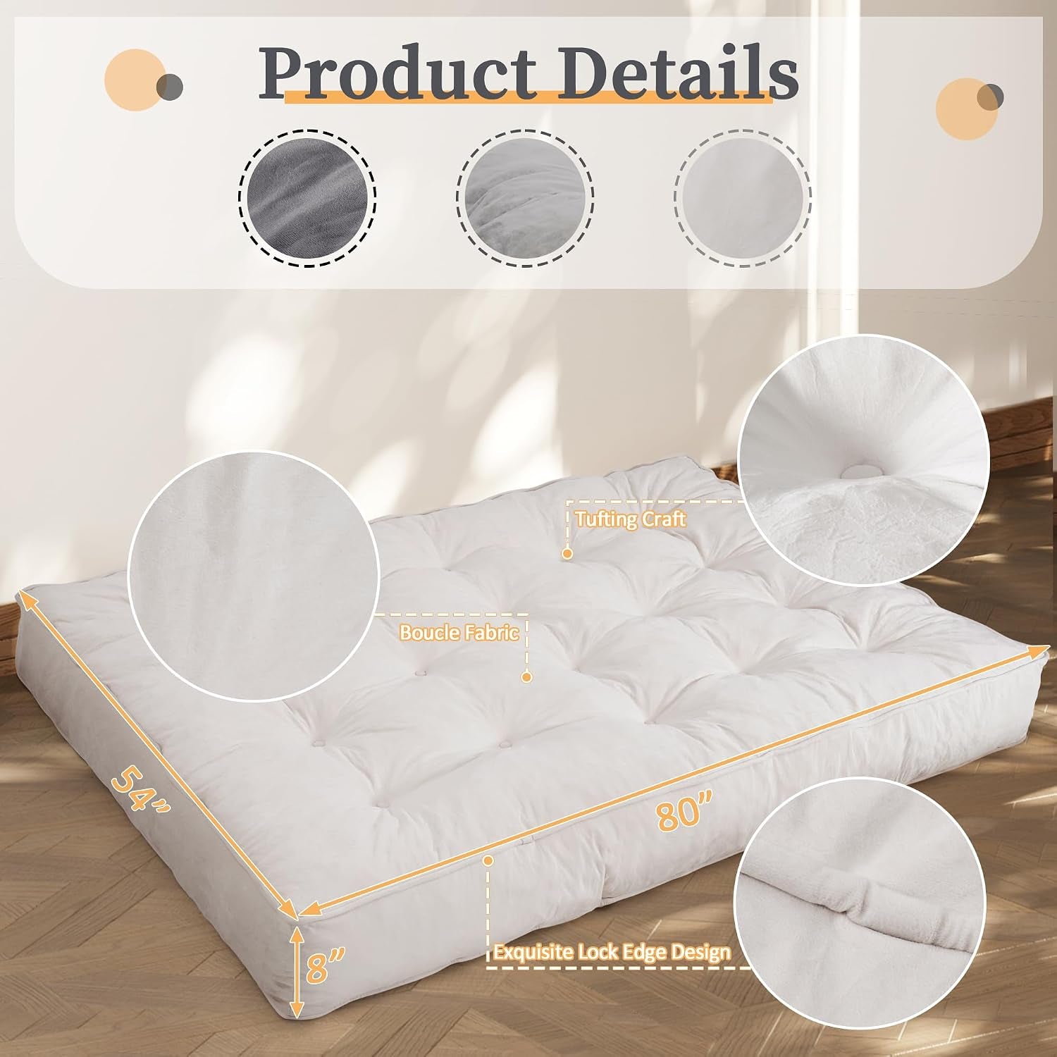 Top-down view of the futon mattress on the floor with dimensions 54" x 80" and 8" height callouts