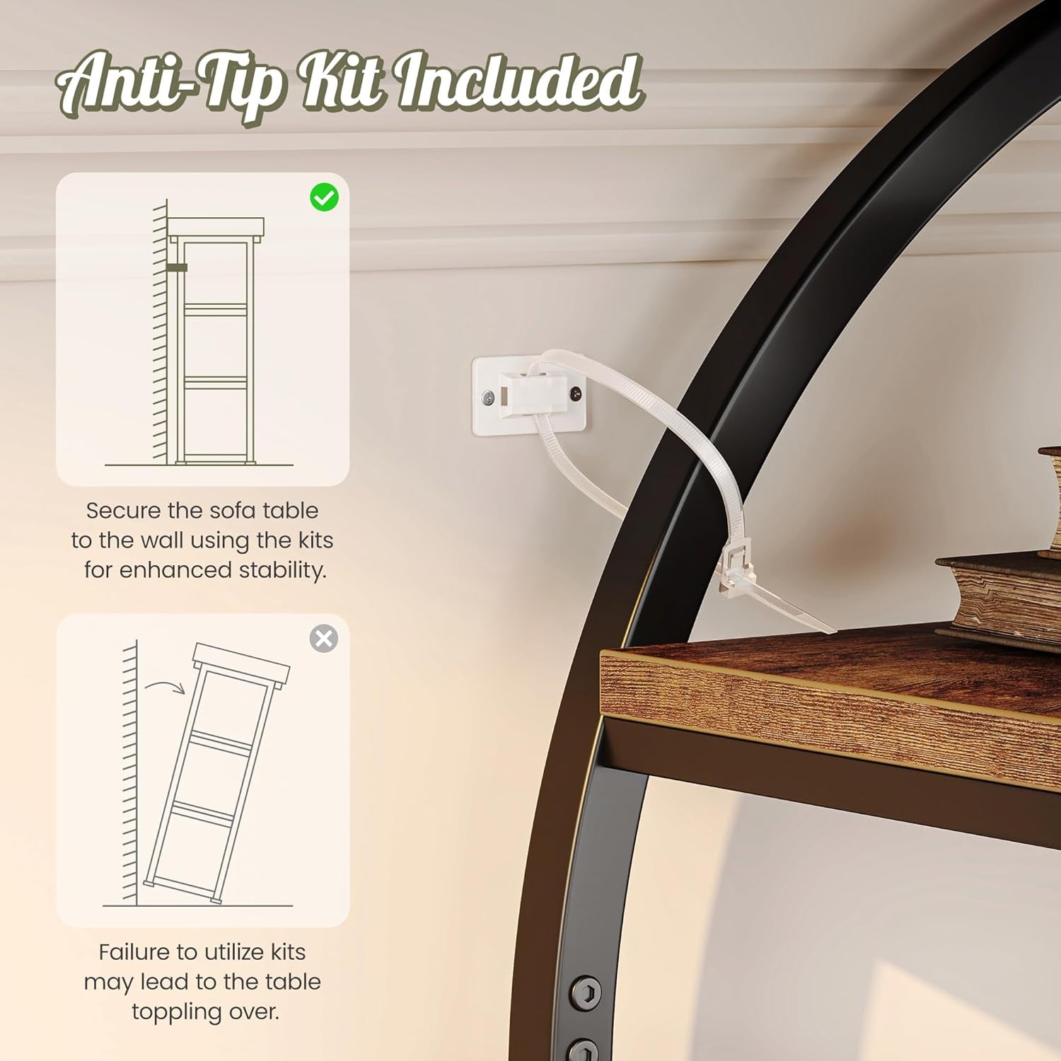 Detail of an anti-tip strap attached to the circular metal frame and a wood shelf edge.