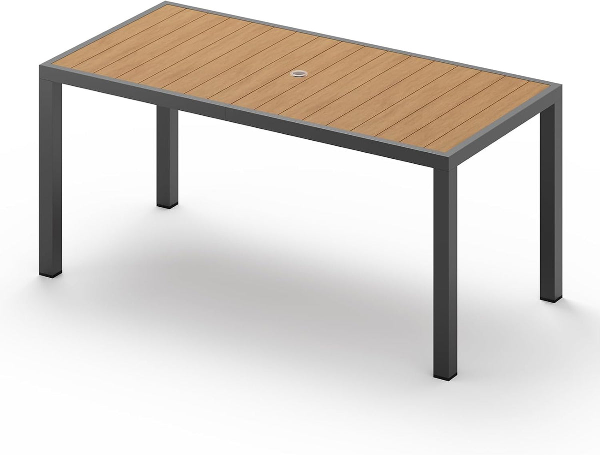 Rectangular outdoor dining table with dark gray frame and slatted wood-tone top, umbrella hole centered.