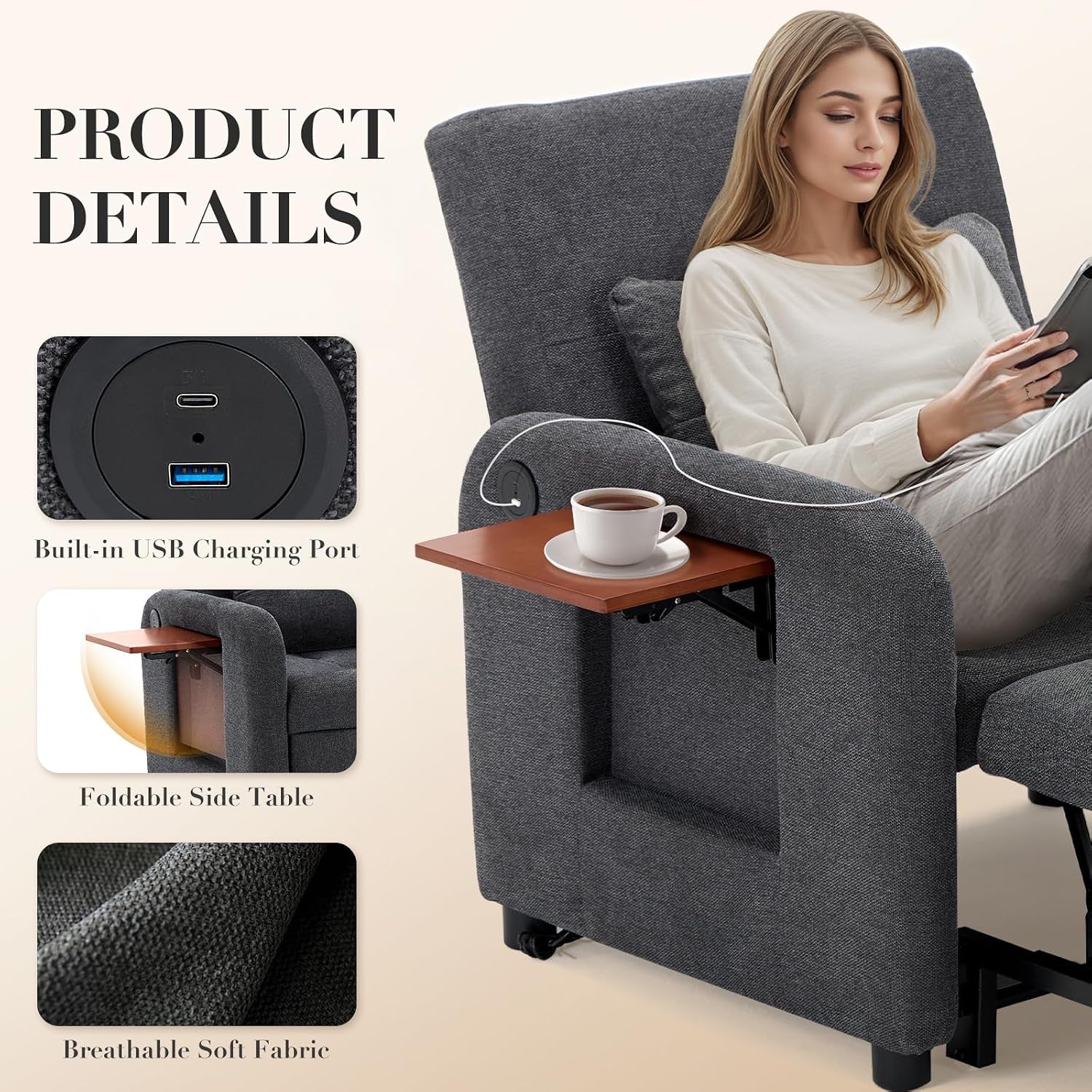 Close-up of arm showing built-in USB ports, foldable wooden side table and breathable fabric texture