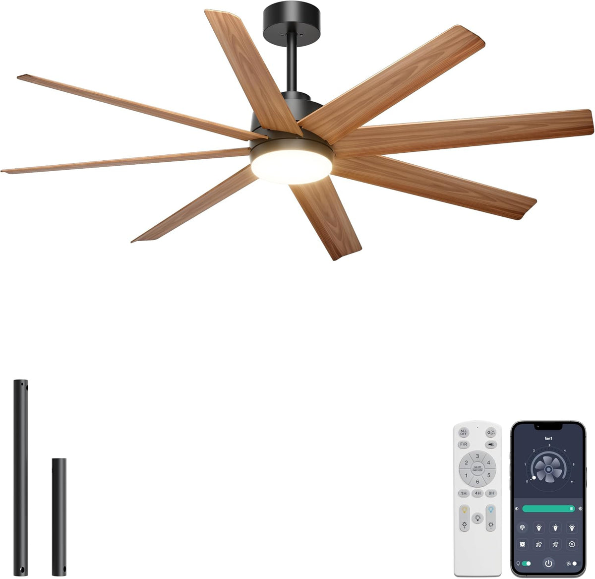 60-inch wood-grain 8-blade ceiling fan angled view with LED on, remote, phone app screen and two black downrods