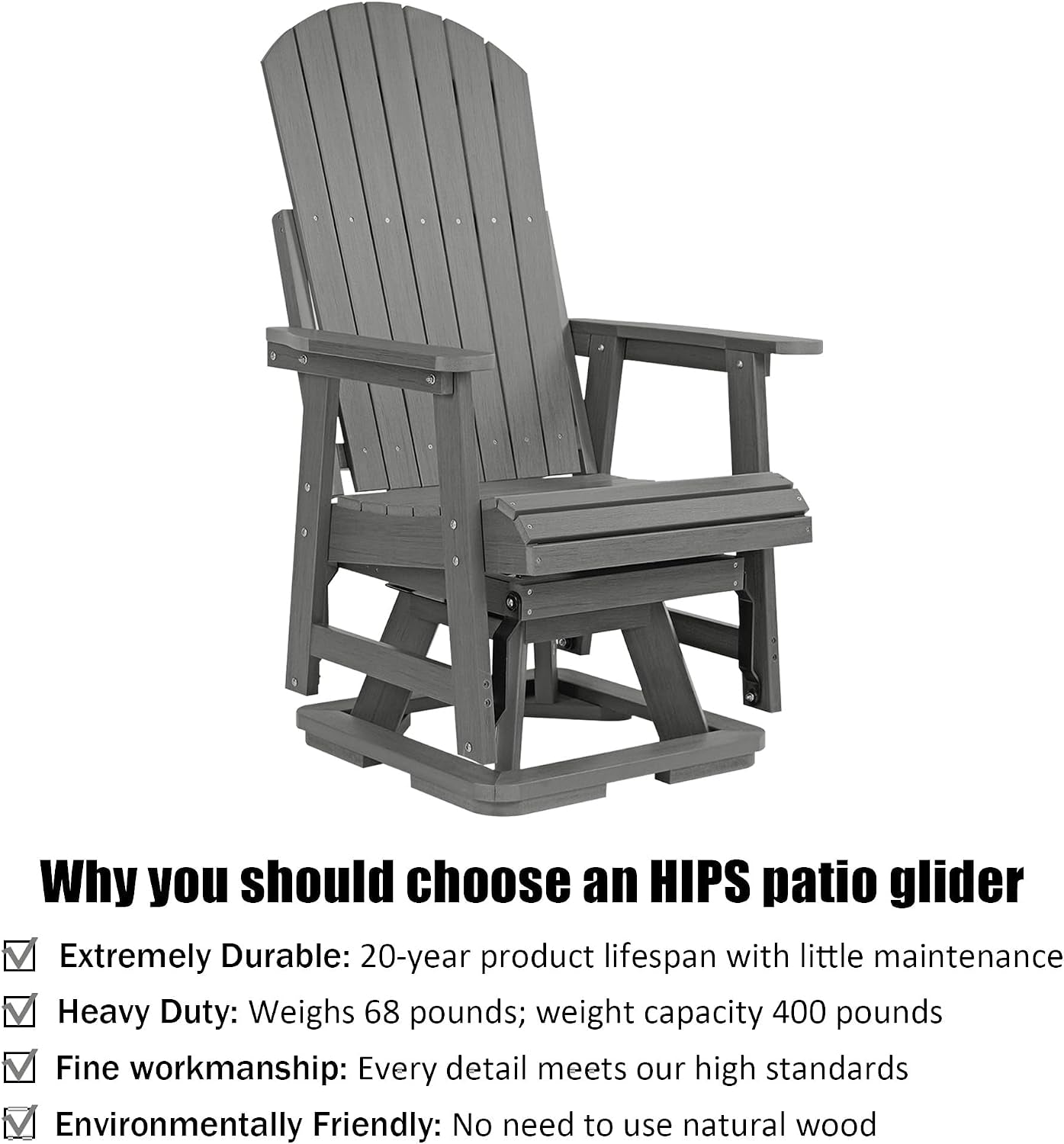 Gray patio glider chair front-left view with feature callouts explaining durability and benefits