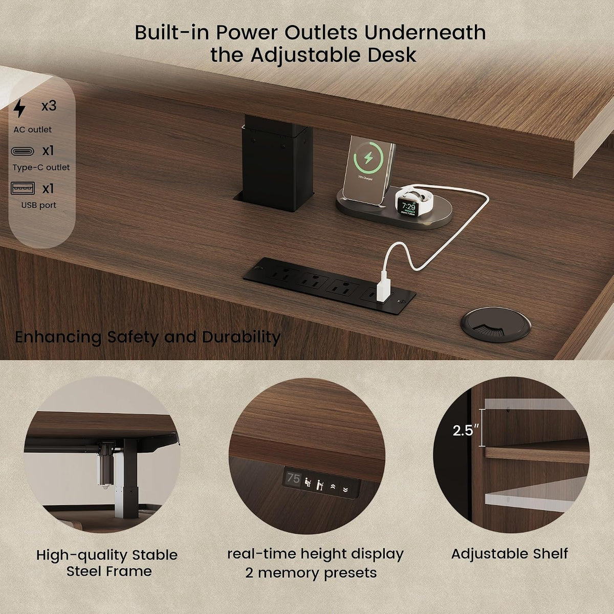 Top-down view of the walnut desk surface with pop-up power strip, grommet and height-control display inset.