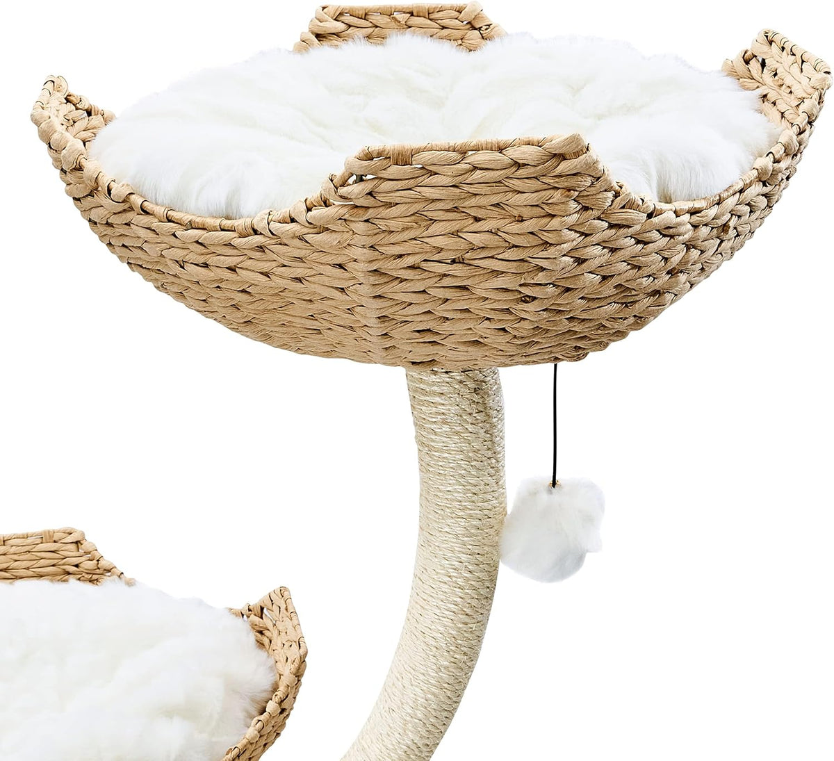Close-up of woven basket perch with fluffy white cushion and dangling pom-pom toy on a sisal-wrapped post.