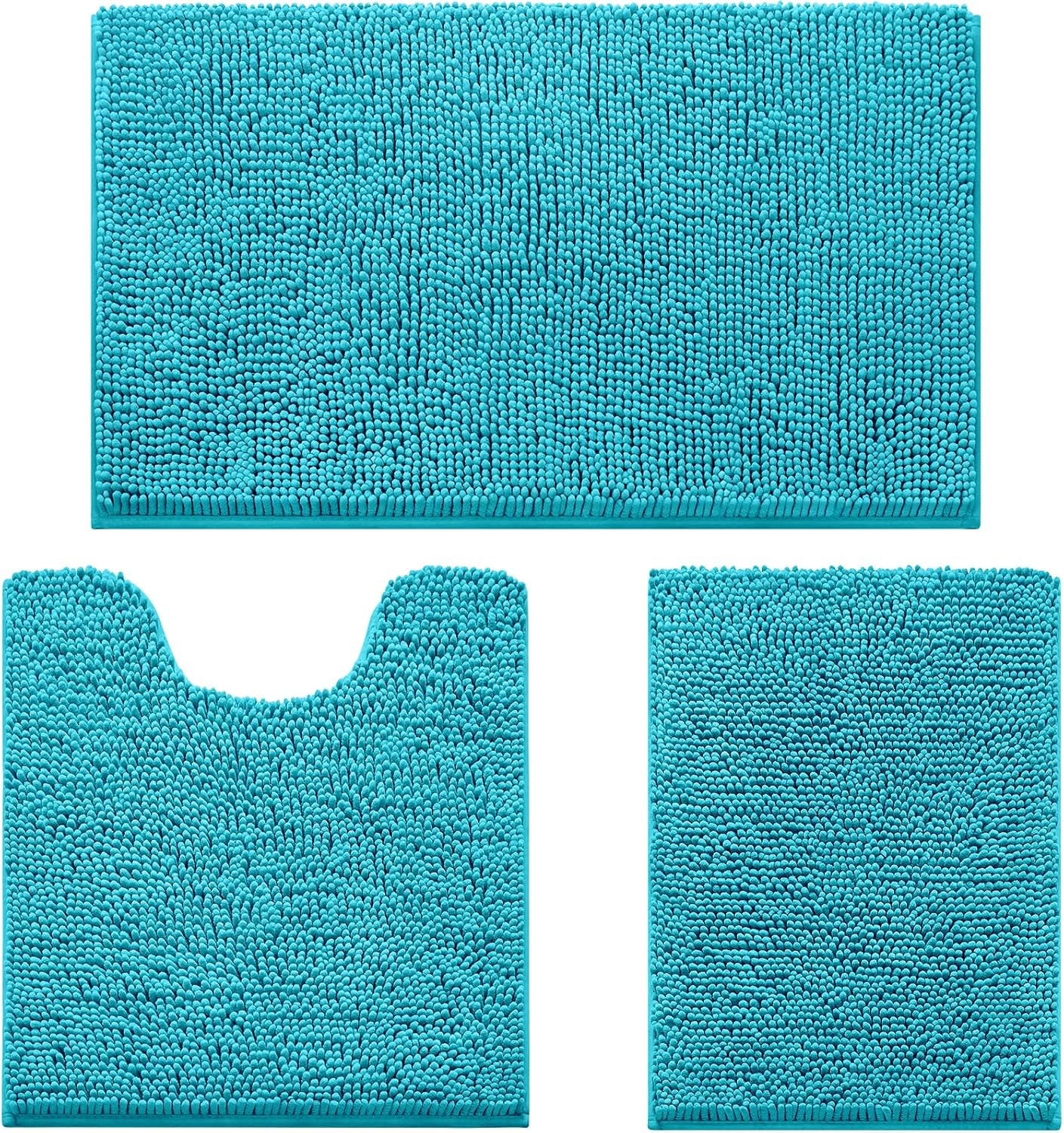Three-piece chenille bathroom rug set in bright teal shown flat on white