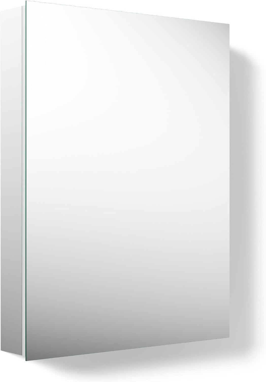 Three-quarter right-side view of the mirrored cabinet emphasizing the flush mirror face and subtle shadow on the wall.