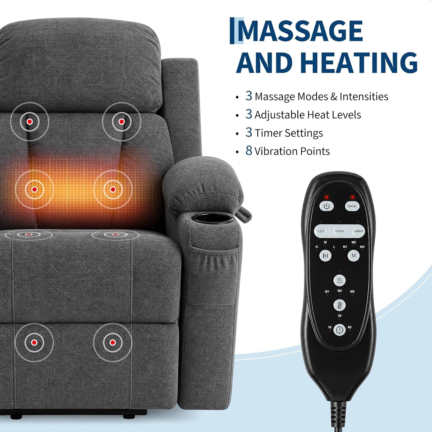 Close-up of the recliner seat and back with eight-point vibration and lumbar heat callouts beside the handheld remote
