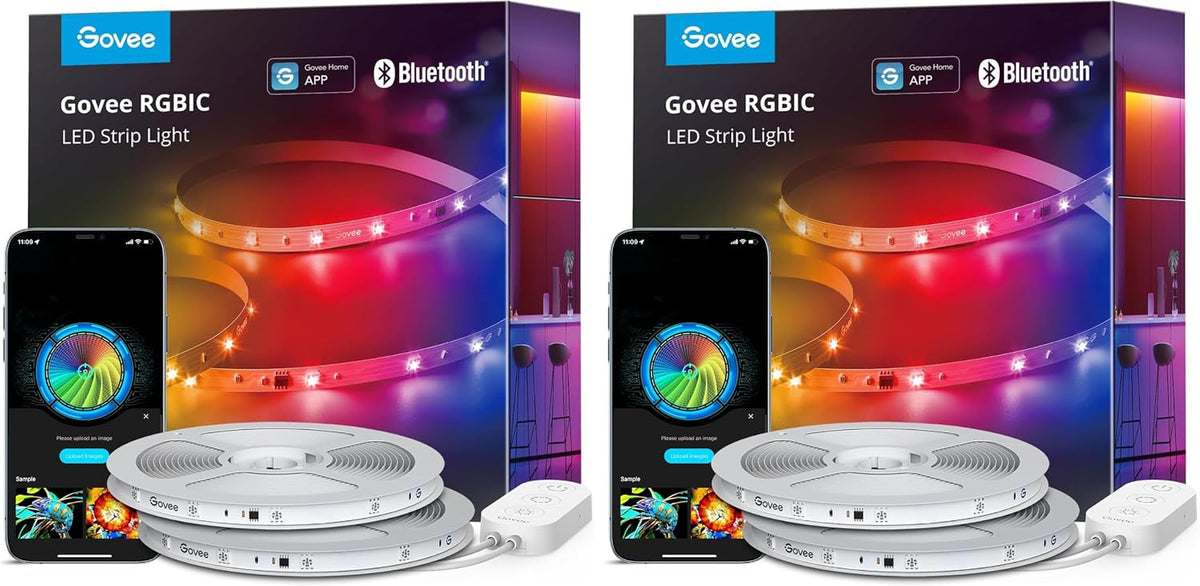 Front-facing kit view with stacked white LED reels, compact controller and smartphone displaying the color wheel app