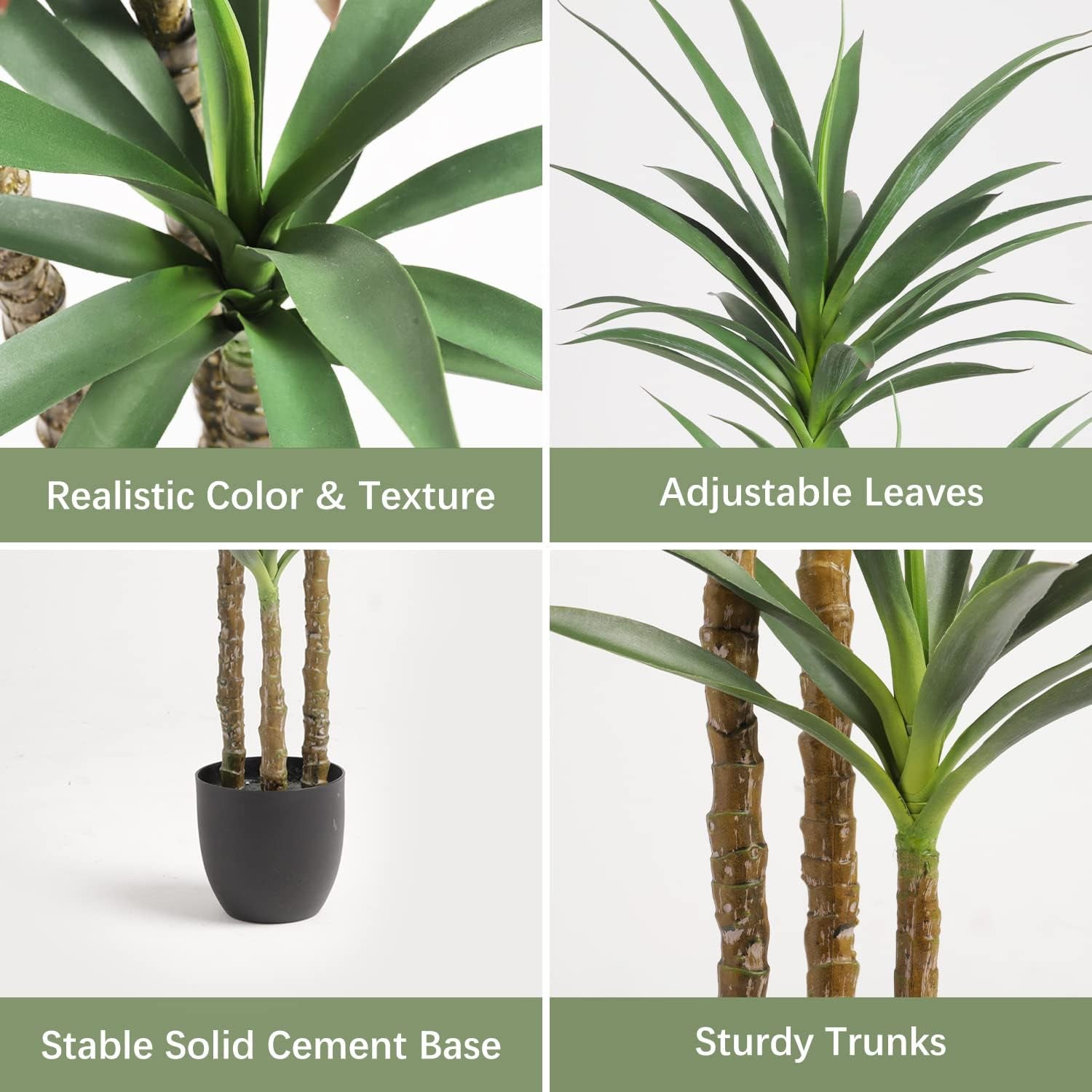 Close-up collage showing realistic green polyester leaves, adjustable leaf detail, sturdy trunks and cement pot