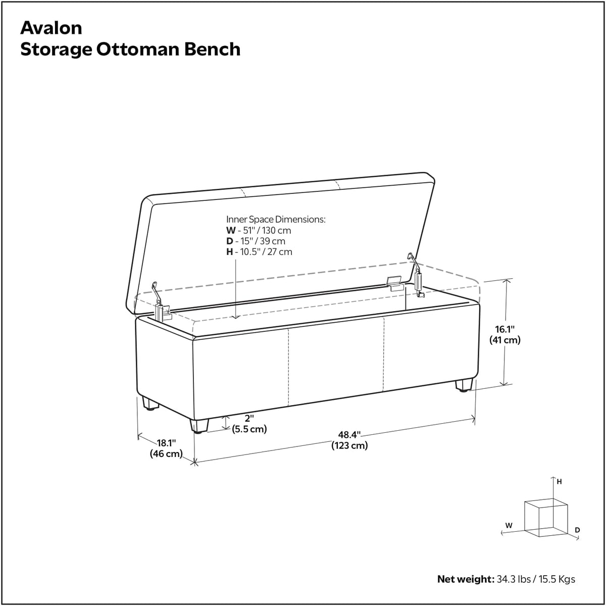 Line drawing with dimensions and interior storage layout for lift-top storage ottoman bench