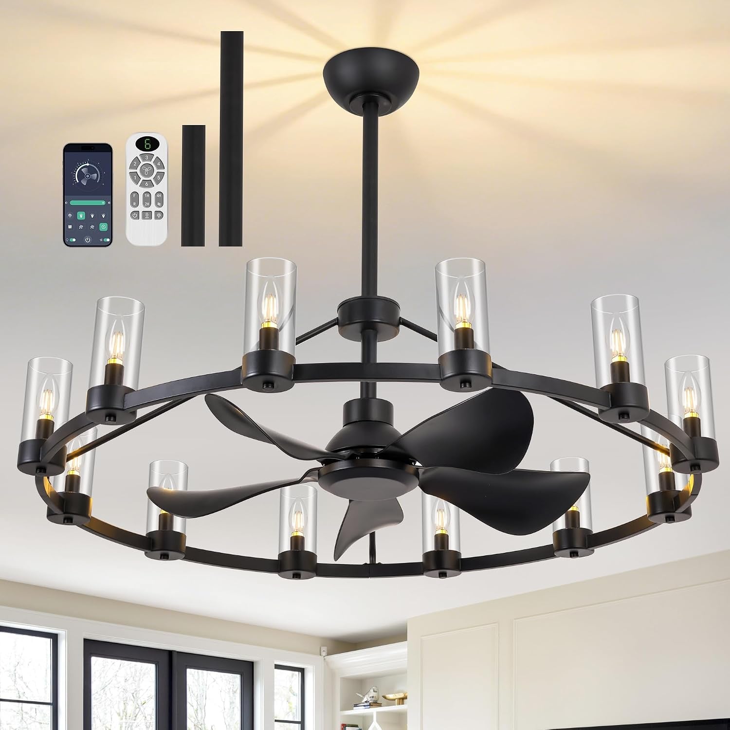 Ceiling-mounted wagon-wheel chandelier fan in a matte black finish with clear glass shades and dark curved blades