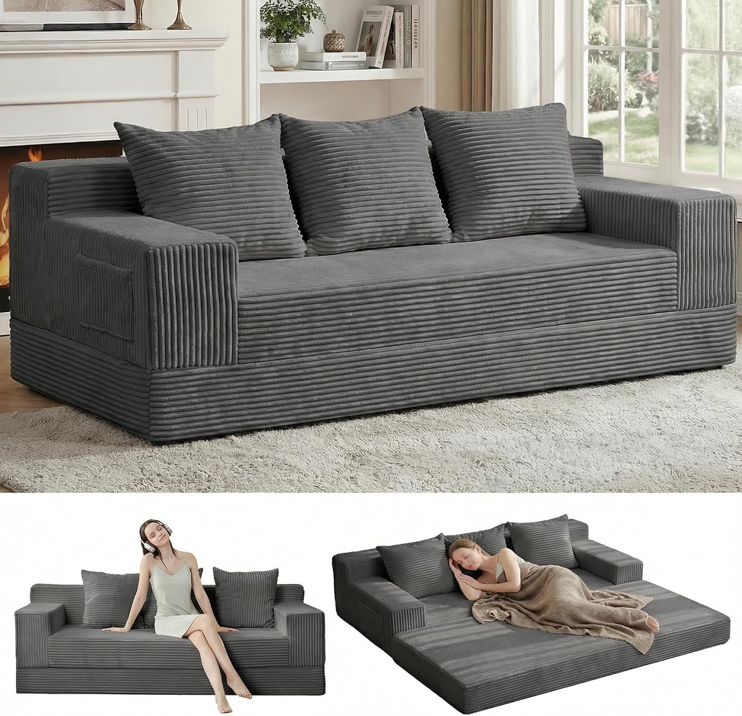 Slate-gray corduroy three-seat folding sofa staged in a living room, with two inset images showing a model seated and the