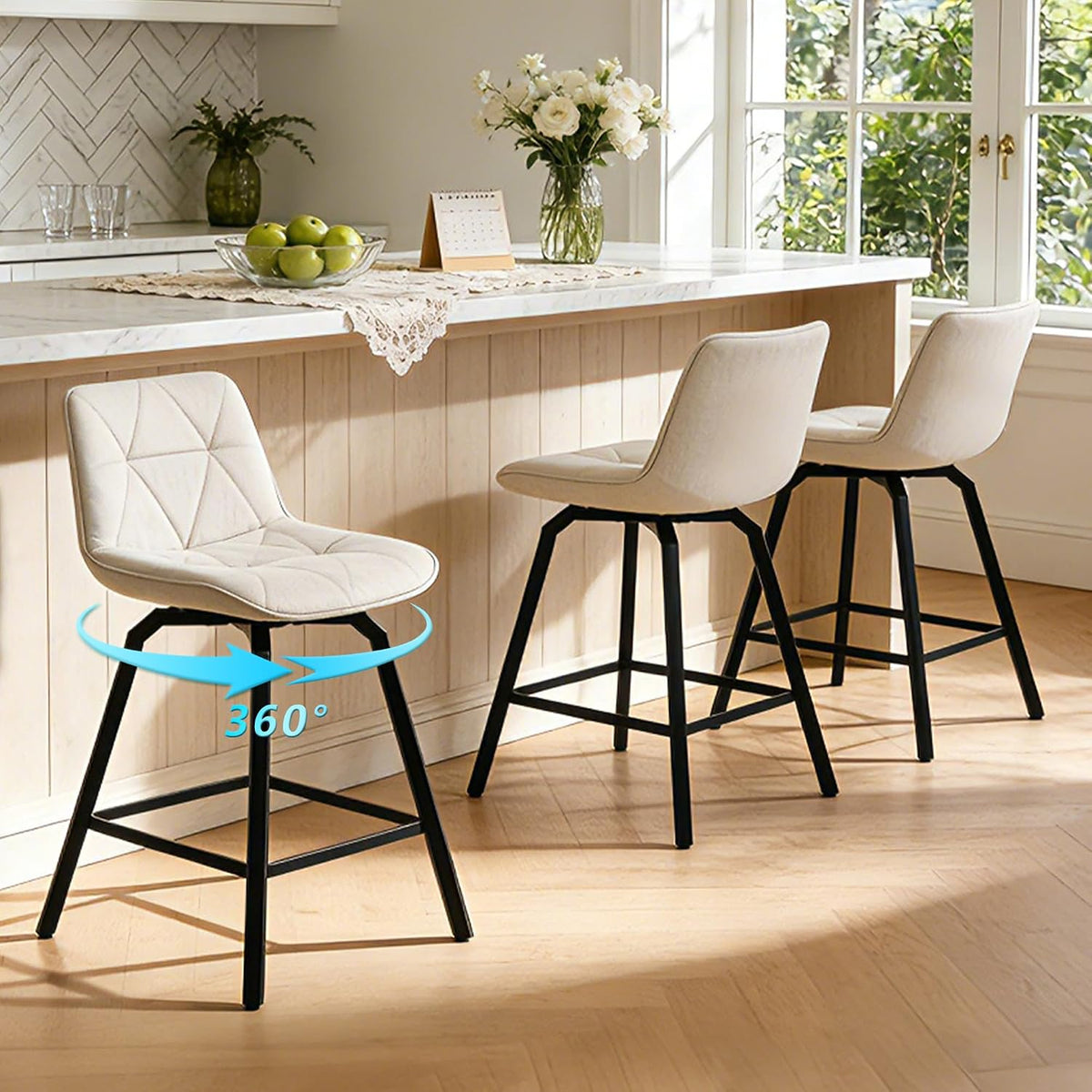 Three light cream counter stools along an island with one stool highlighted by a 360° arrow