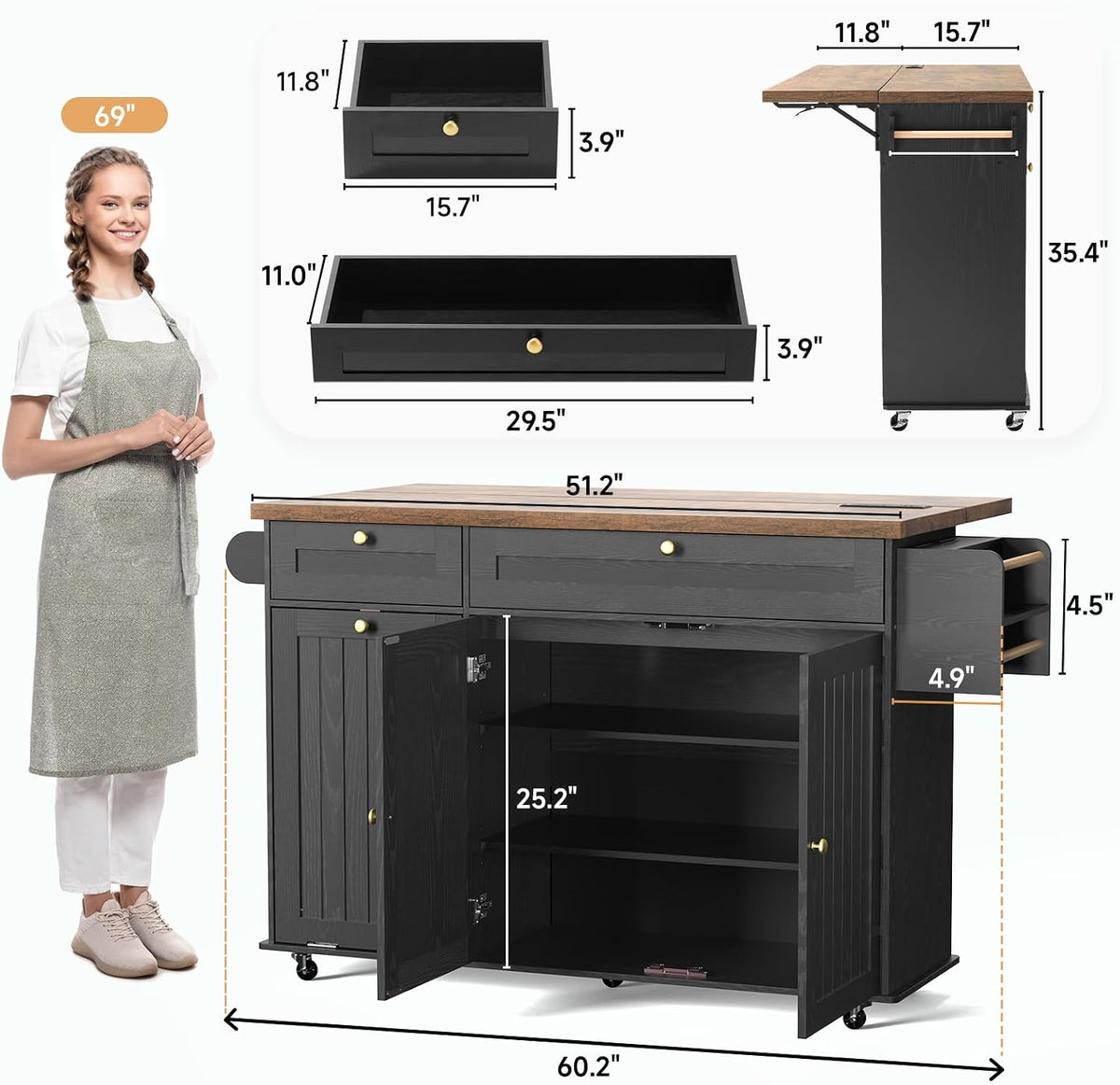 Diagram of kitchen island showing 51.2-inch countertop, 60.2-inch overall width and interior shelving dimensions