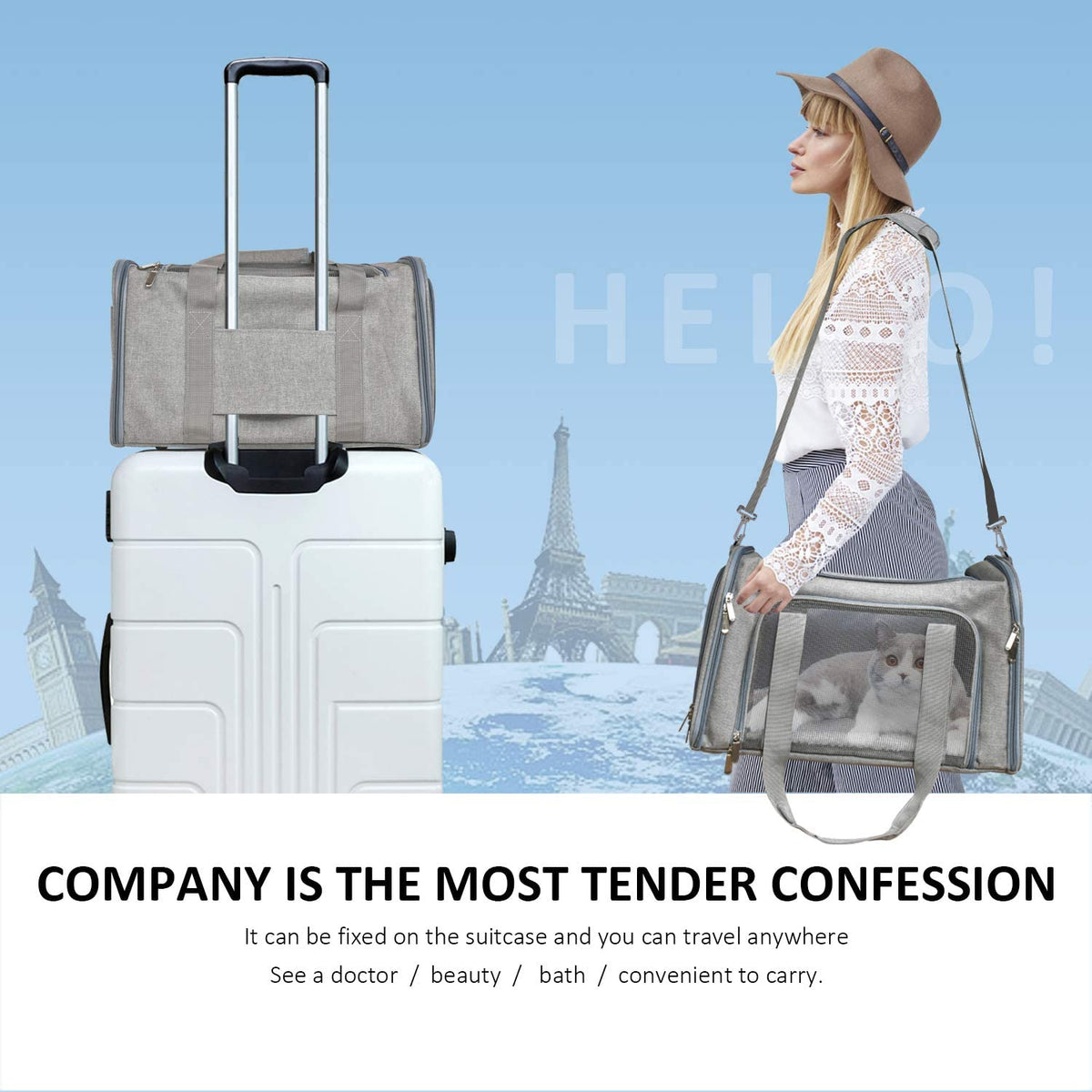 Two views of the carrier: one mounted on a suitcase handle, another carried by a woman with a cat inside.