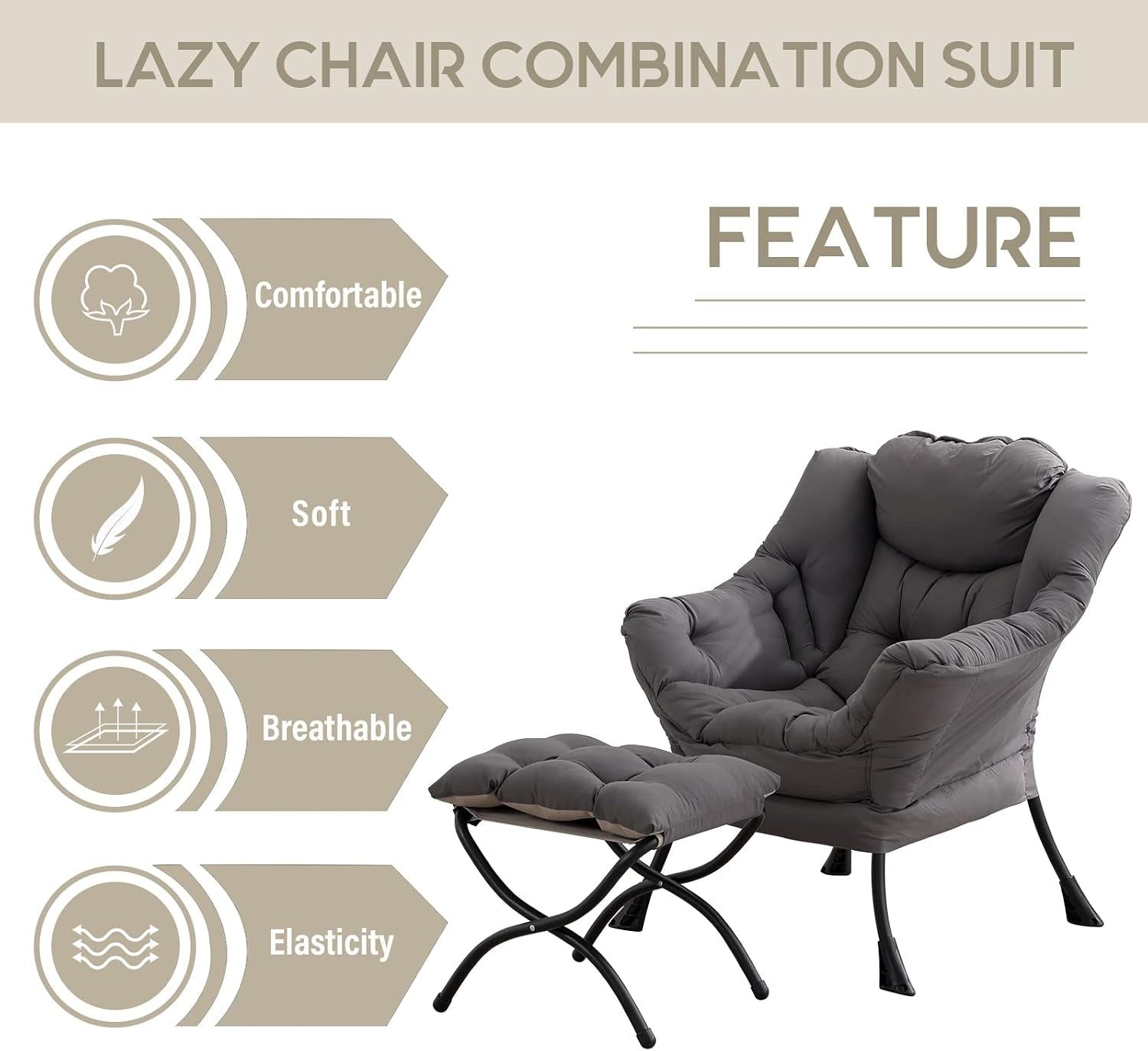 Gray chair and ottoman with four feature icons (comfortable, soft, breathable, elasticity) on left.