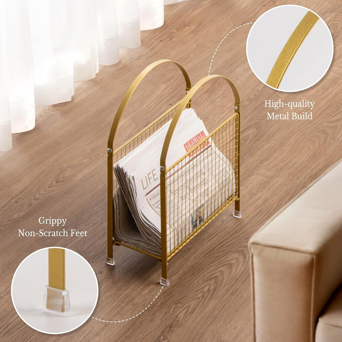 Top-down angled shot of gold metal mesh rack highlighting two arched handbag-style handles and mesh basket