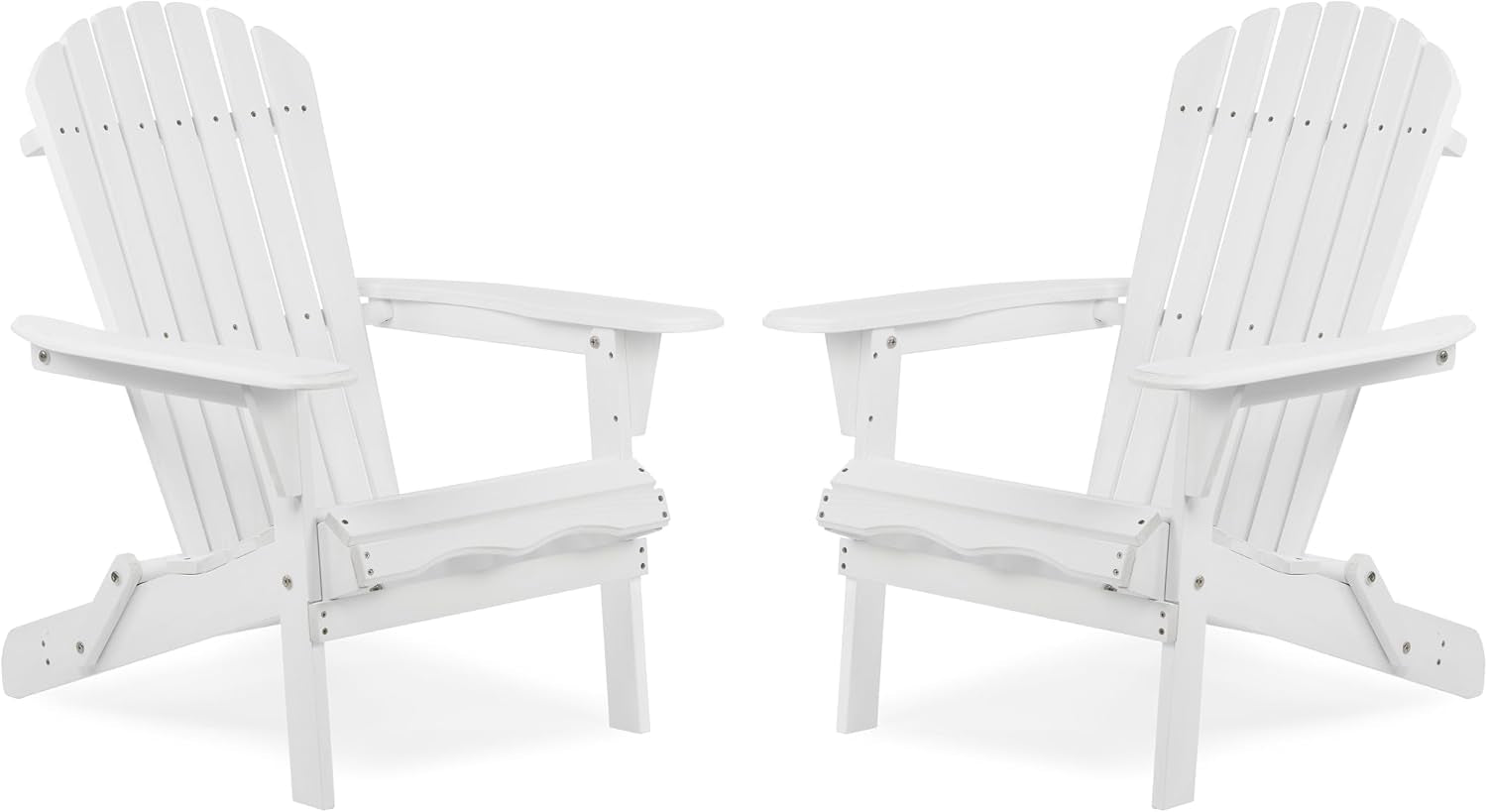 Pair of white Adirondack chairs on a white studio background, shown side-by-side at a slight angle.