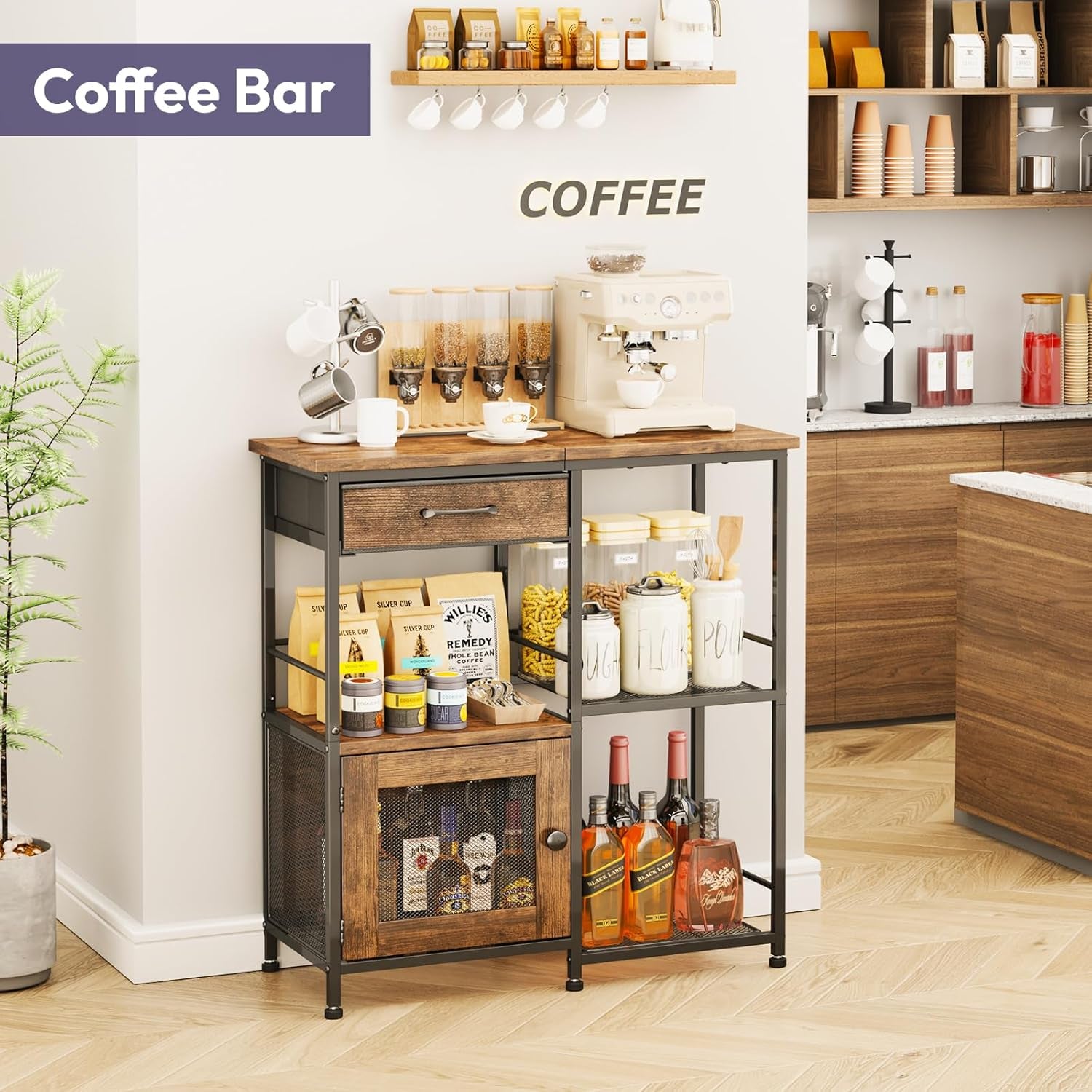 Iron-framed espresso wood buffet styled as a coffee bar with espresso machine, jars, bottles, drawer and cabinet