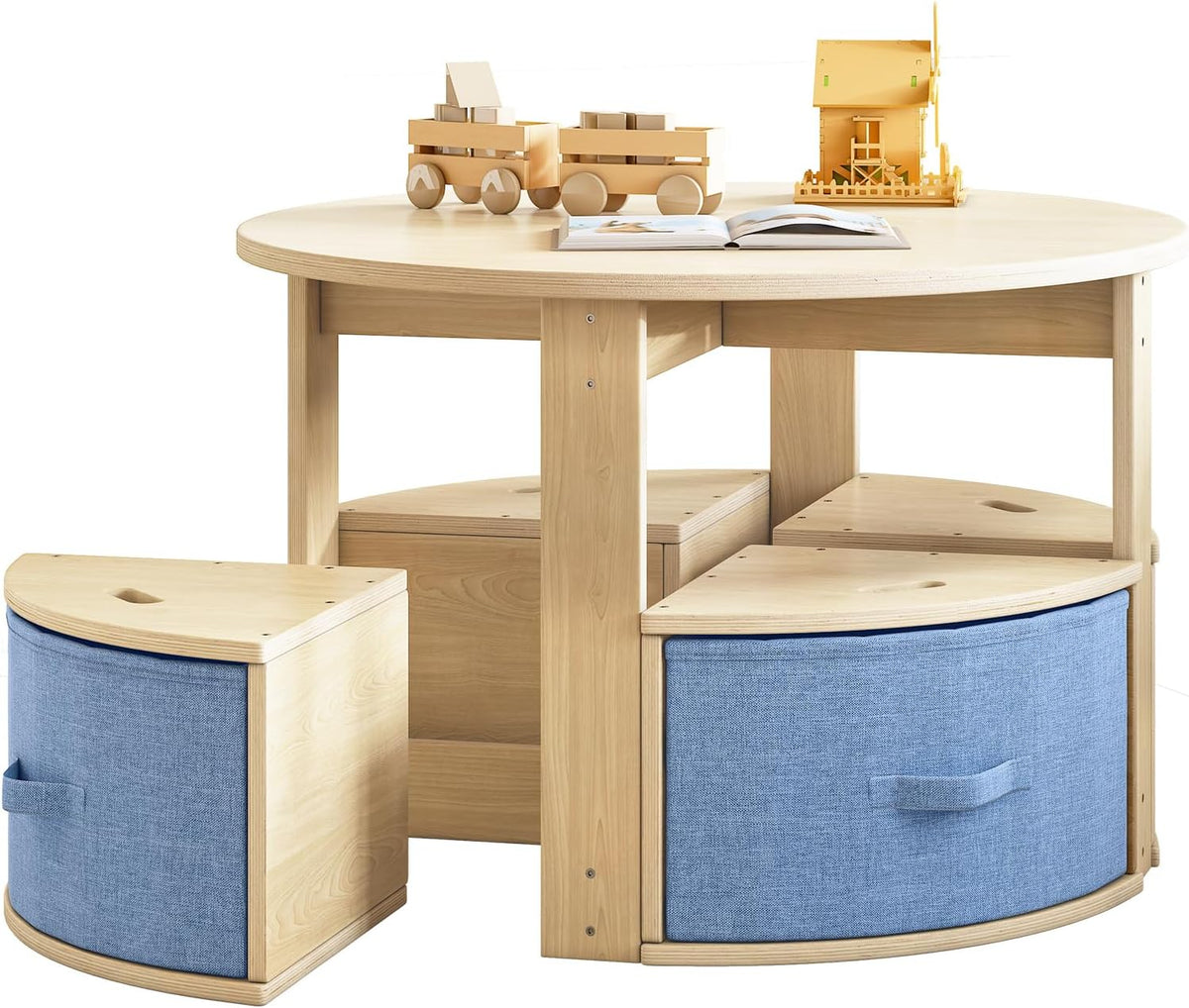 Close-up of a round wooden kids table with quarter-circle stools and blue fabric storage bins.