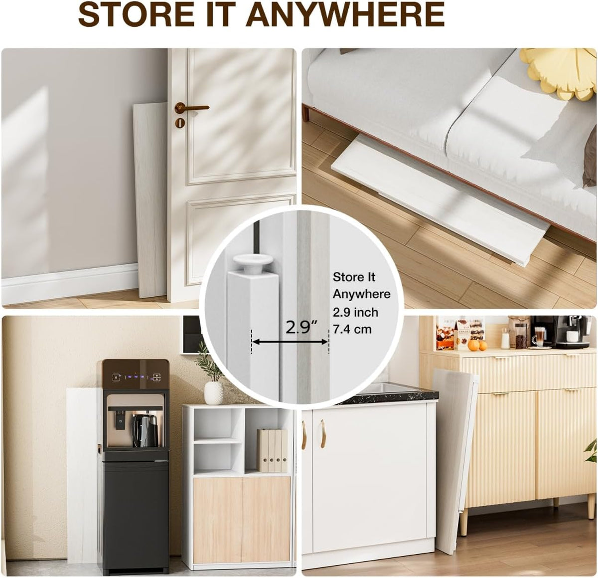 Four-photo collage showing the folded desktop stored upright, under a bed, and tucked beside cabinets.