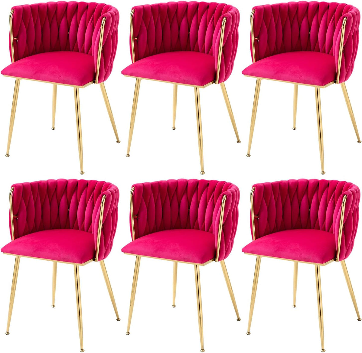Six bright fuchsia velvet dining chairs with textured quilted backs and shiny gold legs, front view