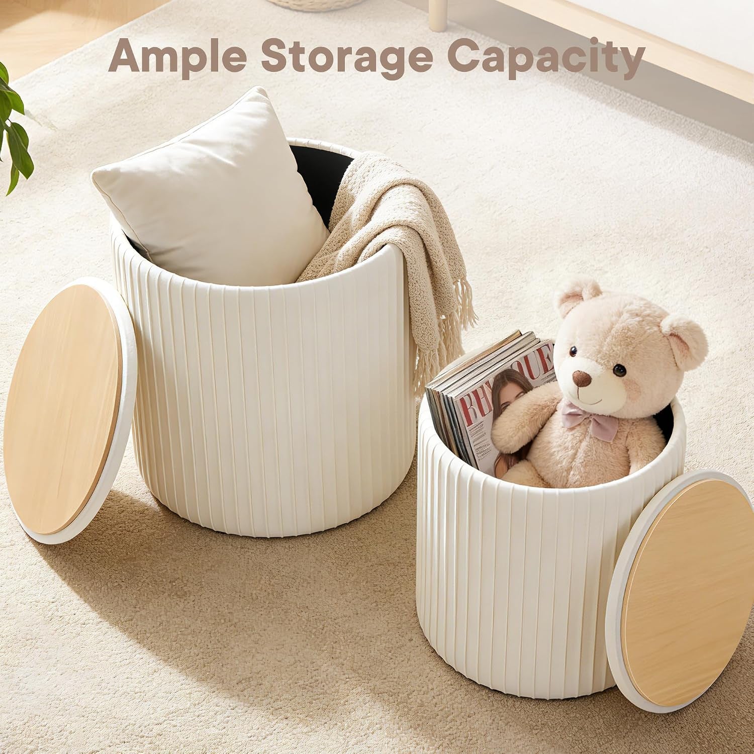 Large and small beige ottomans on carpet with toys and books stored inside to show storage capacity