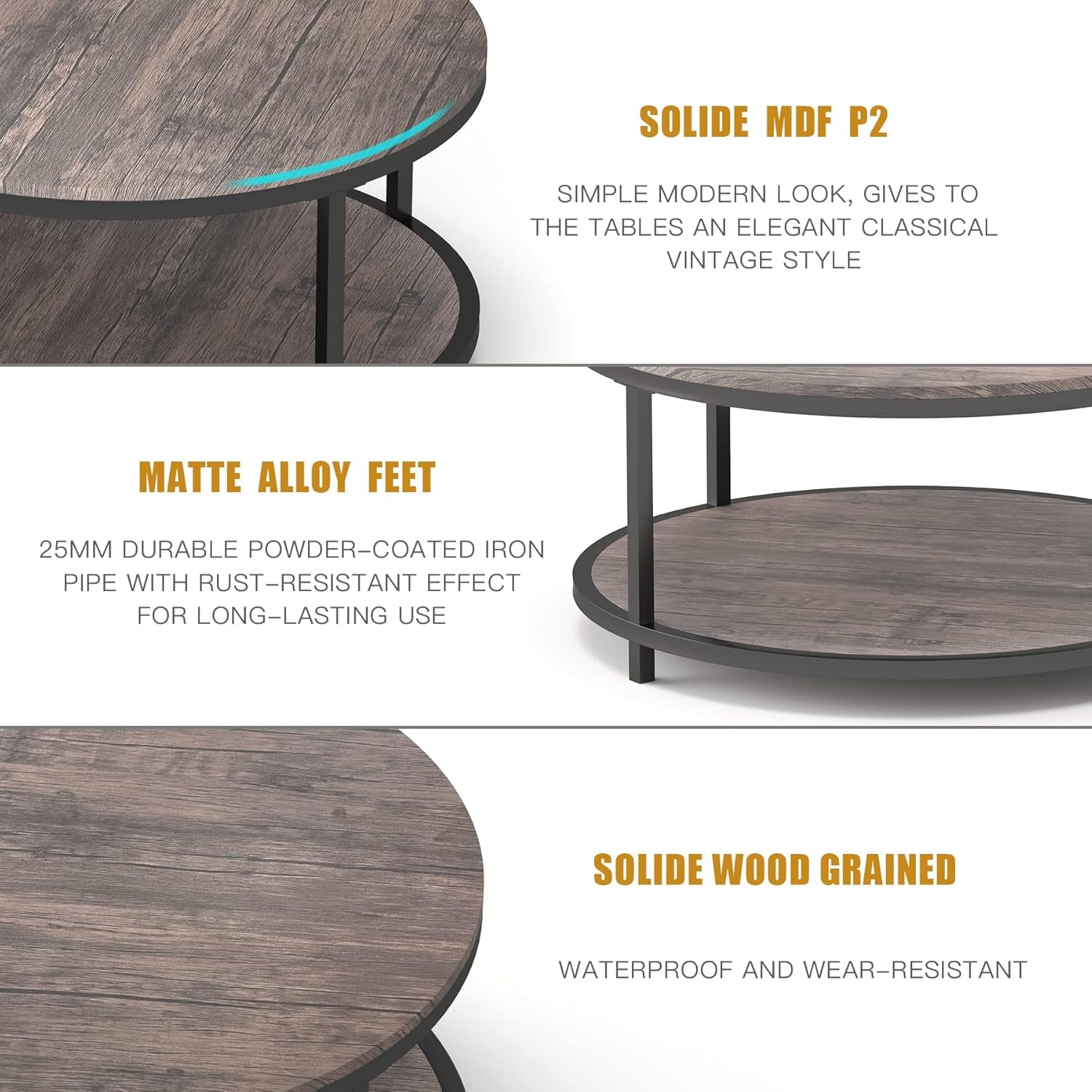 Close-up detail images showing wood grain tabletop and matte alloy feet of the round coffee table.