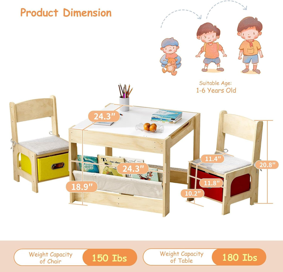 Front view of table and chairs with annotated measurements and illustrated suitable age range above