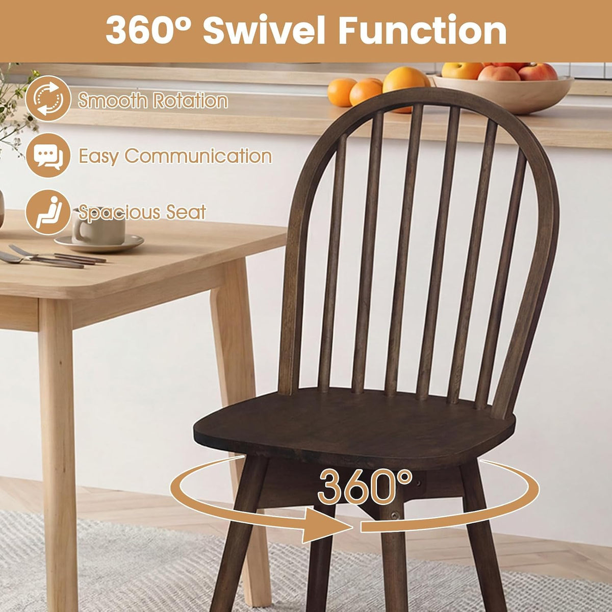 Upper back and seat of a dark walnut spindle chair next to a light wood table, 360° rotation arrow at the base.