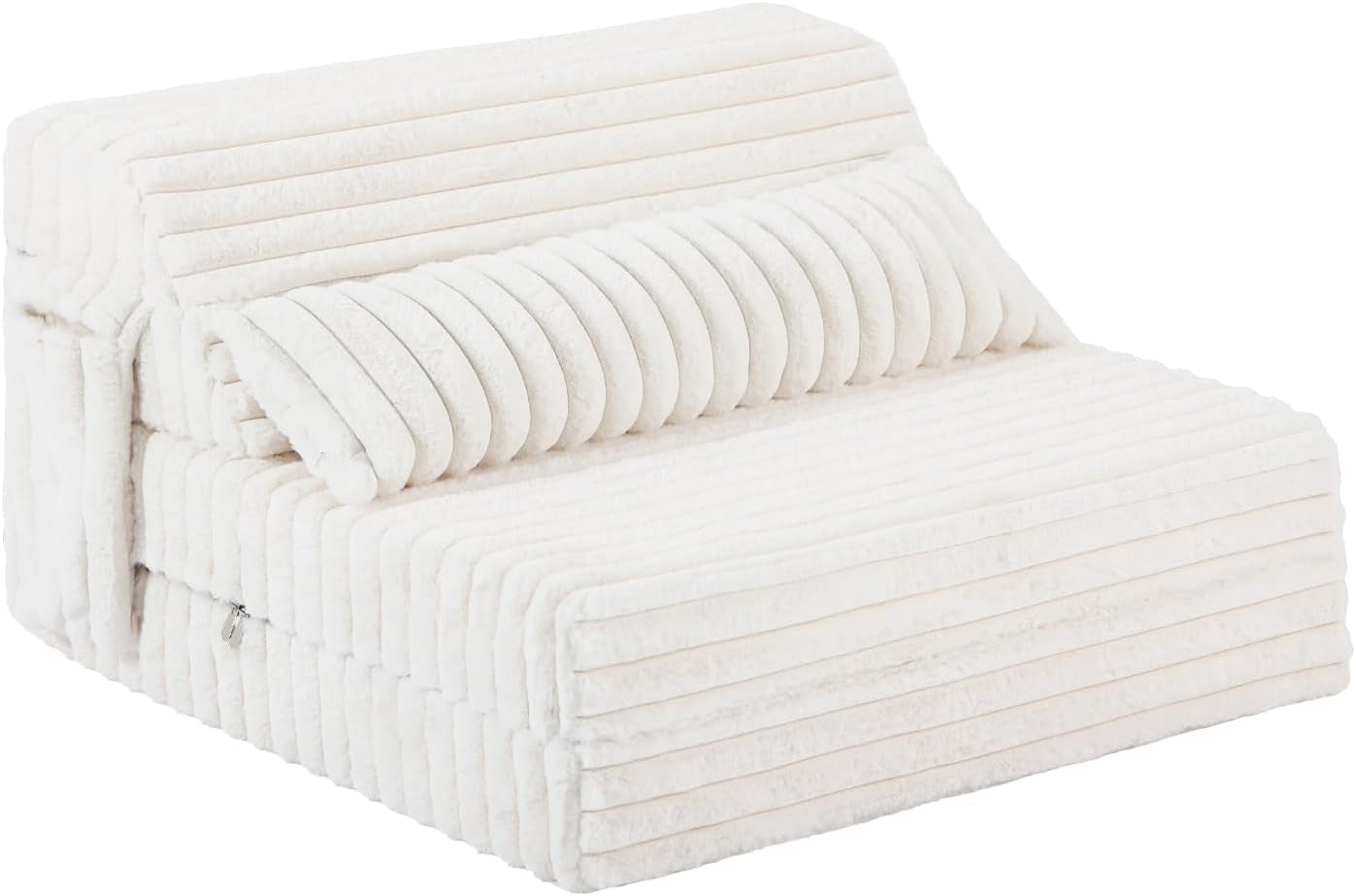 Ivory ribbed-fold floor sofa with matching lumbar pillow on white background