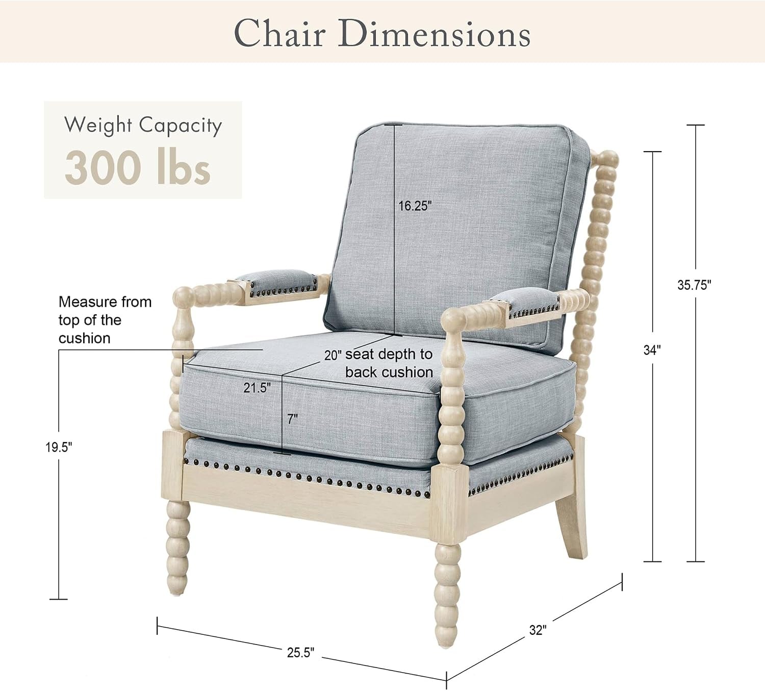 Diagram of chair with dimensions called out showing 25.5" width 32" depth and 35.75" height