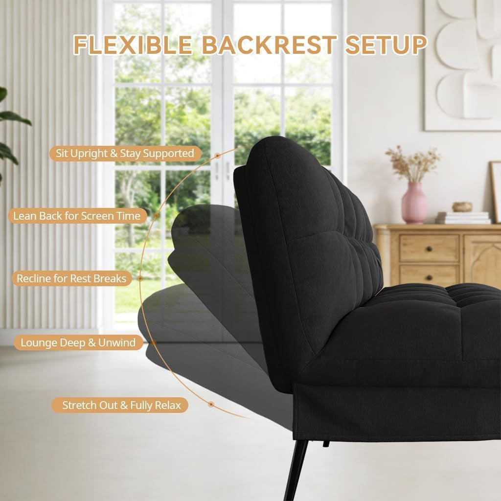 Side view of black futon showing multi-angle adjustable backrest positions and tapered legs