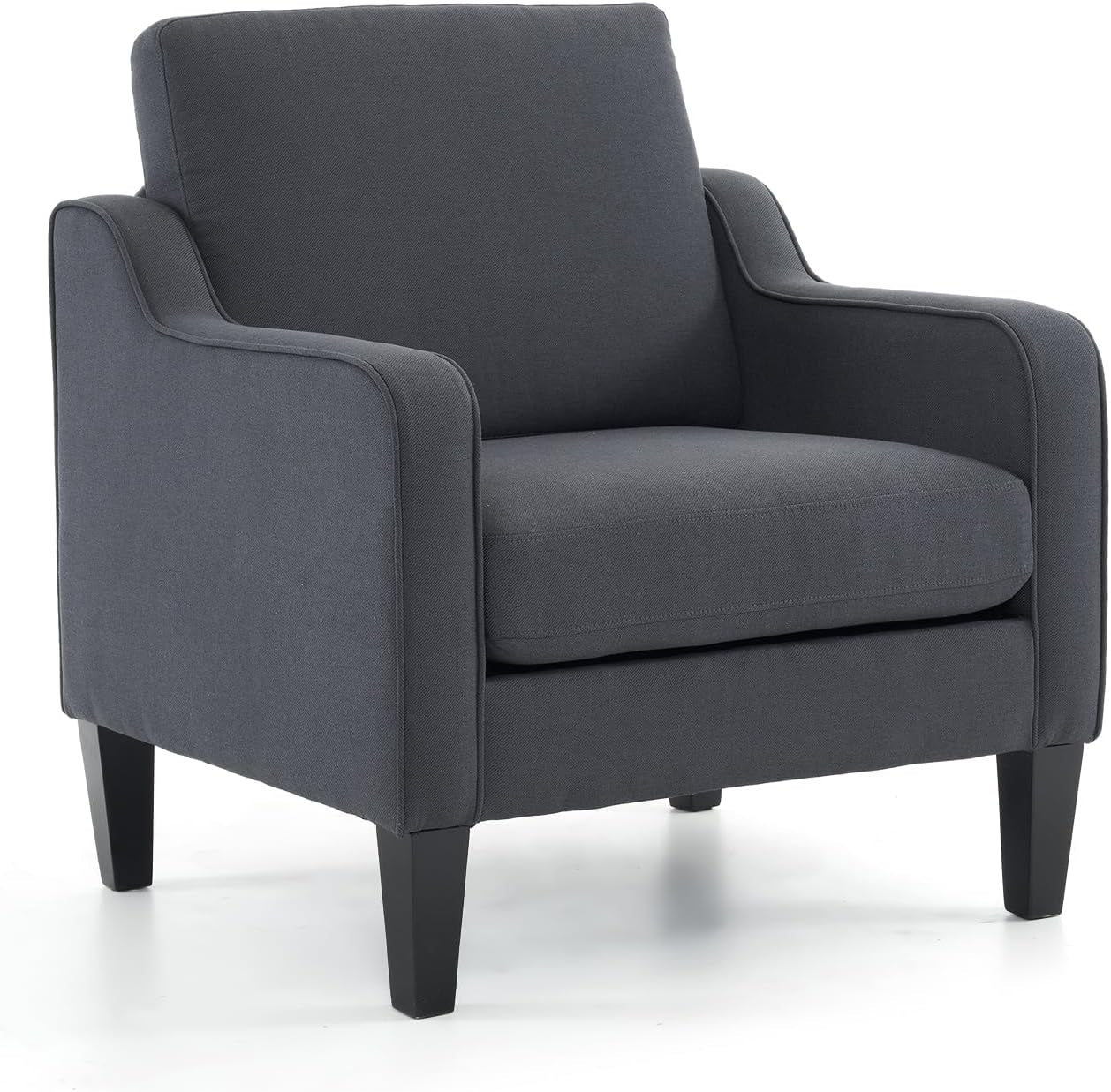 Three-quarter view of a dark gray upholstered accent chair with tapered black wood legs.